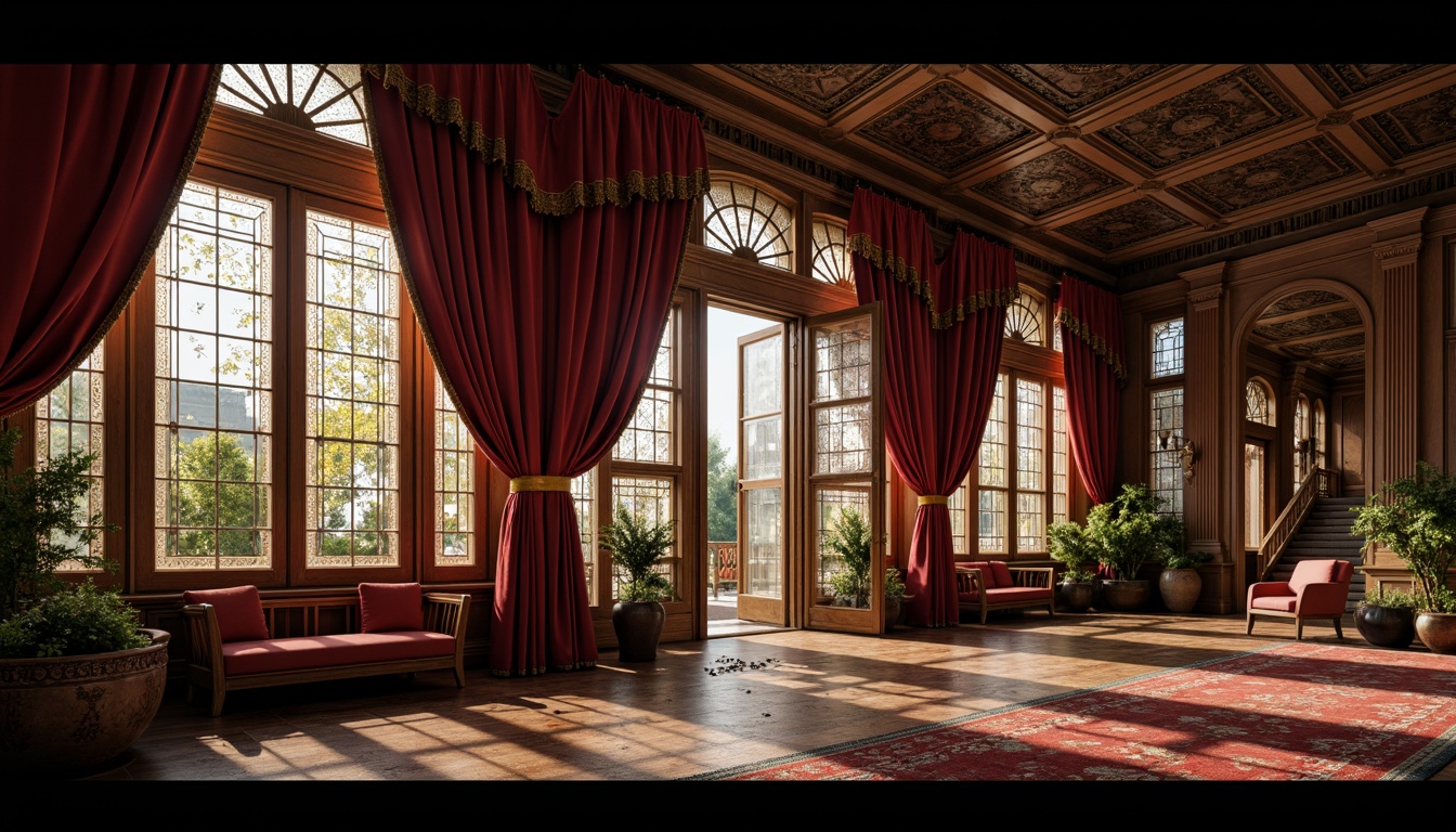 Prompt: Ornate Victorian mansion, grand facade, intricately carved wooden frames, stained glass windows, flowing drapery, rich velvet fabrics, tassel trimmings, golden rod pocket, floral patterns, soft warm lighting, shallow depth of field, 1/1 composition, realistic textures, ambient occlusion, classic elegance, luxurious atmosphere.