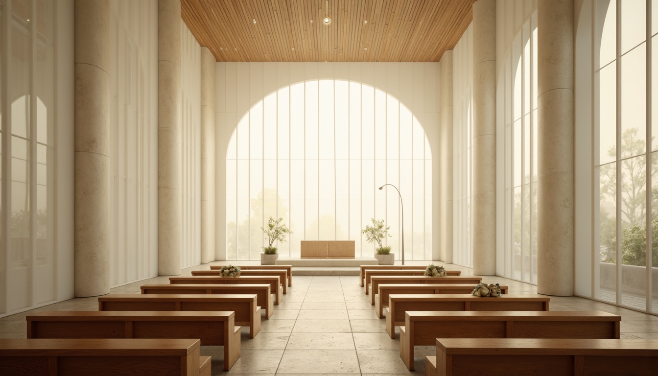 Prompt: Ethereal chapel, translucent glass walls, diffused soft lighting, minimalist interior design, sacred ambiance, serene atmosphere, wooden pews, gentle curved lines, natural stone floors, subtle textures, warm beige tones, abstract stained-glass windows, divine spiritual energy, peaceful contemplation, 1/1 composition, shallow depth of field, realistic reflections, ambient occlusion.