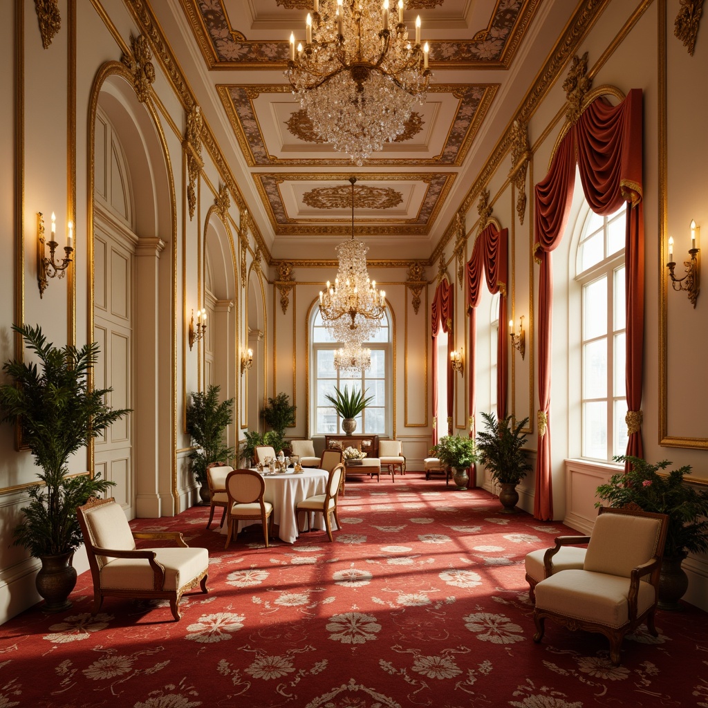 Prompt: Elegant music hall, ornate gold accents, soft cream walls, rich velvet drapes, lavish crystal chandeliers, intricate Baroque patterns, luxurious red carpets, opulent furnishings, delicate pastel hues, whimsical floral motifs, romantic candlelight, warm golden lighting, shallow depth of field, 1/1 composition, realistic textures, ambient occlusion.