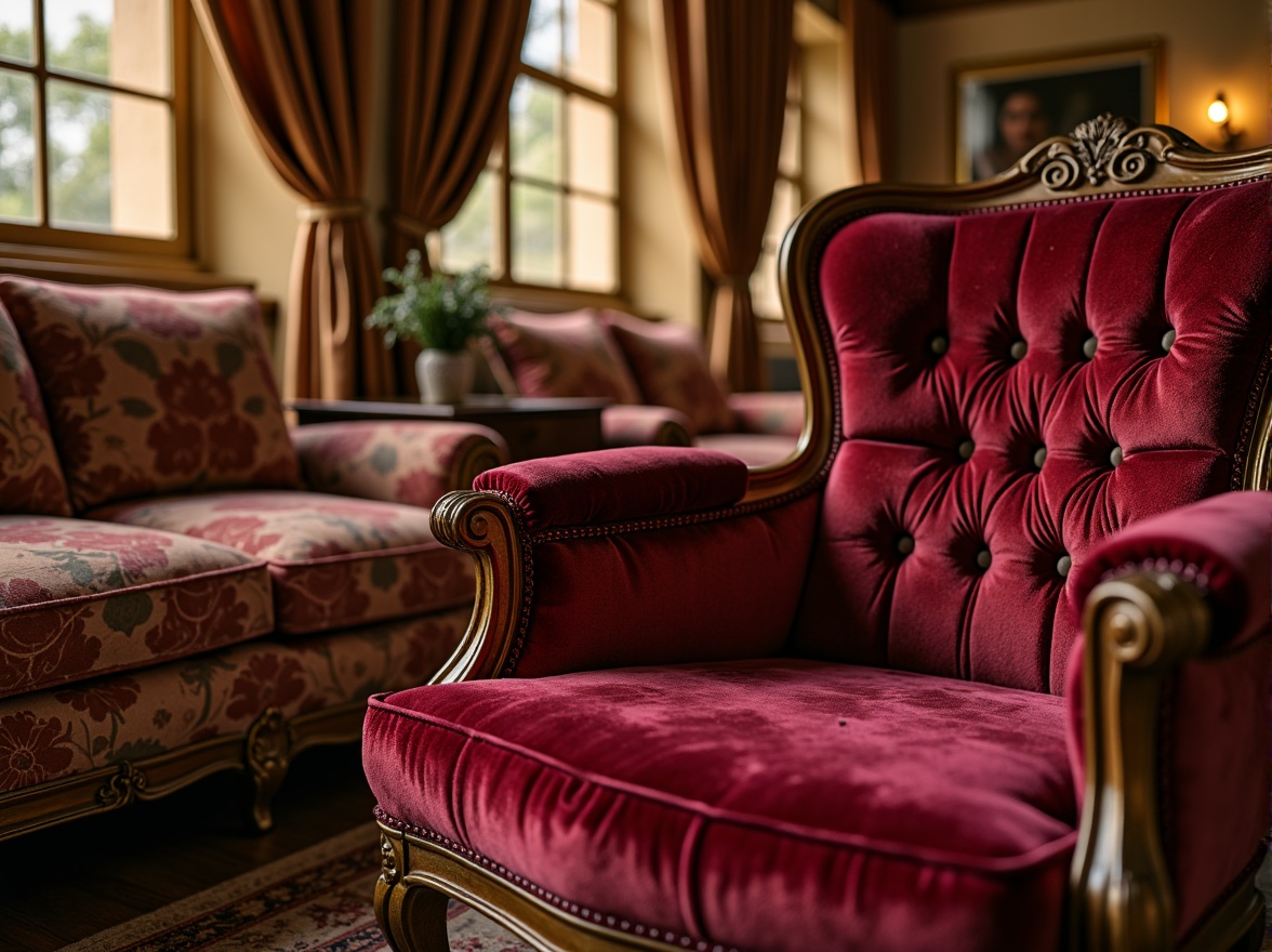 Prompt: Luxurious velvet fabrics, rich jewel-toned colors, ornate wooden frames, classic rolled arms, tufted button details, soft golden lighting, warm beige walls, antique furnishings, intricate patterns, floral motifs, subtle sheen, comfortable seating, lavish drapery, regal atmosphere, 1/1 composition, shallow depth of field, realistic textures.