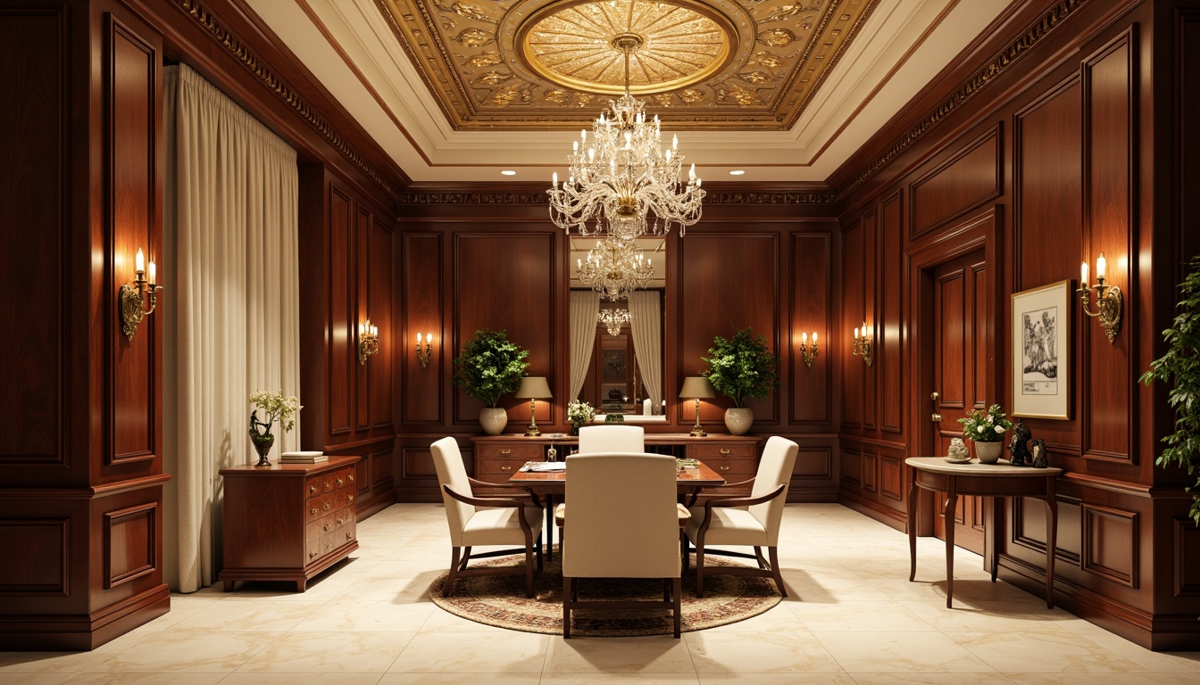 Prompt: Elegant executive office, rich wood tones, ornate furnishings, traditional architectural details, crystal chandeliers, bronze sconces, cream-colored marble, intricate moldings, luxurious textiles, warm golden lighting, soft box lighting, indirect cove lighting, 1/1 composition, realistic reflections, ambient occlusion.