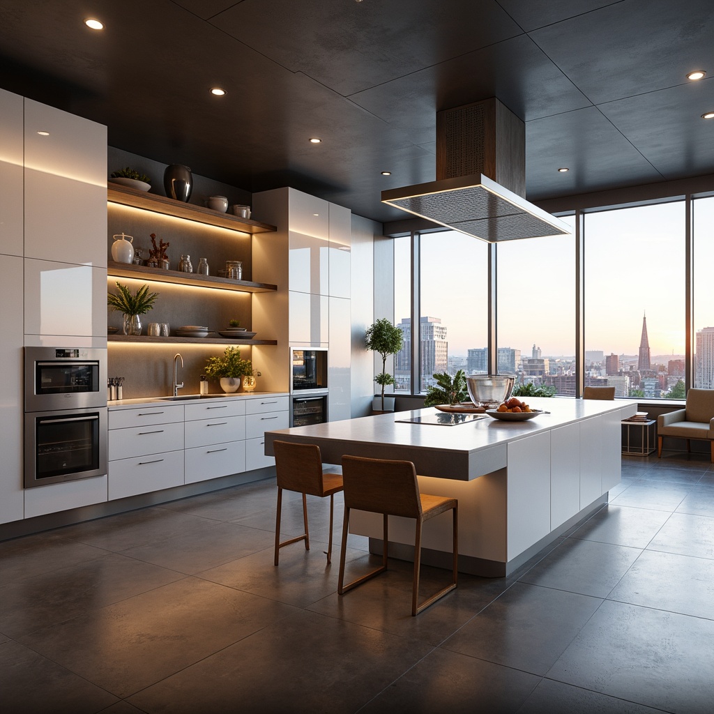 Prompt: Futuristic kitchen island, sleek metal countertops, glossy white cabinets, ambient LED lighting, minimalist decor, open shelving units, modern appliances, induction cooktops, touchless faucets, sensor-activated trash cans, floor-to-ceiling windows, cityscape views, urban landscape, morning sunlight, soft warm glow, shallow depth of field, 3/4 composition, panoramic view, realistic textures, ambient occlusion.