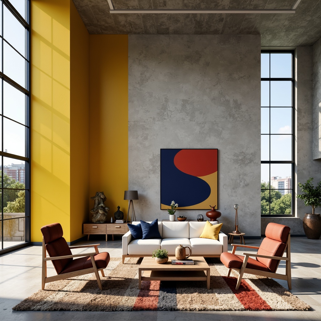 Prompt: Vibrant yellow accents, deep blue tones, bold red statements, neutral beige backgrounds, industrial metal frames, geometric black lines, functional minimalist furniture, exposed concrete floors, raw wood textures, eclectic art pieces, graphic patterned rugs, abstract sculptures, natural light flooding, high ceilings, open floor plans, modern urban atmosphere, stark white walls, dramatic shadow effects, low-key artificial lighting, 3/4 composition, realistic renderings.