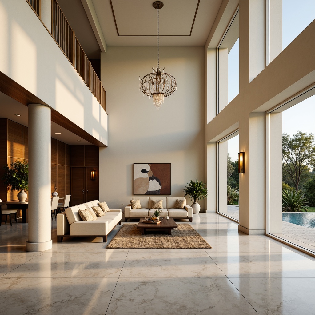 Prompt: Luxurious villa interior, modern minimalist aesthetic, sleek lines, high ceilings, polished marble floors, cream-colored walls, rich wood accents, floor-to-ceiling windows, sliding glass doors, lavish chandeliers, plush area rugs, comfortable sofas, geometric-patterned throw pillows, metallic decorative fixtures, subtle ambient lighting, warm color palette, sophisticated textures, 1/1 composition, shallow depth of field, realistic reflections.