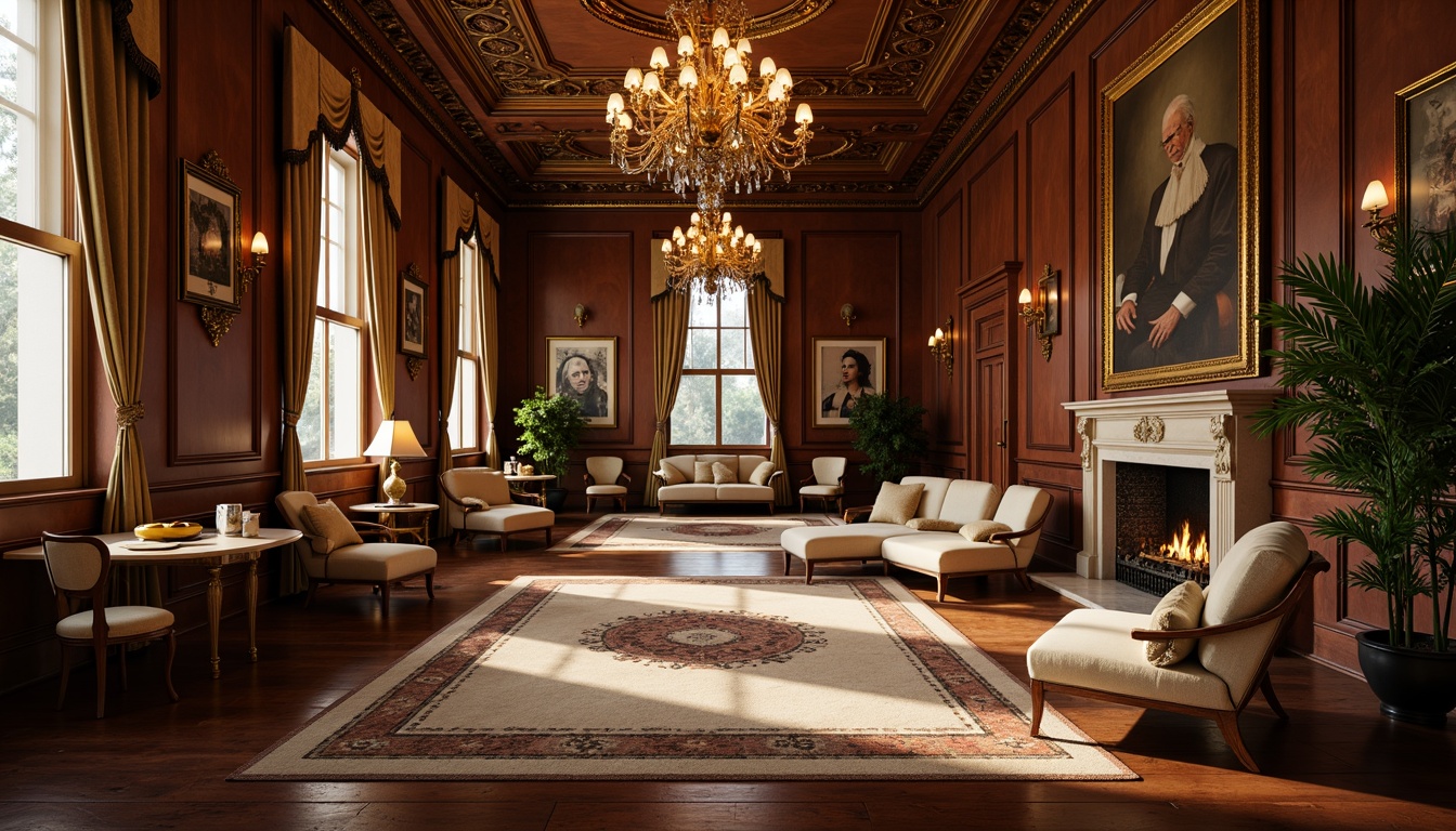 Prompt: Elegant mansion, luxurious interior, rich wood tones, polished hardwood floors, ornate furnishings, intricate carvings, grand chandeliers, lavish drapery, soft warm lighting, shallow depth of field, 3/4 composition, realistic textures, ambient occlusion, classic architectural details, symmetrical layouts, harmonious color palette.