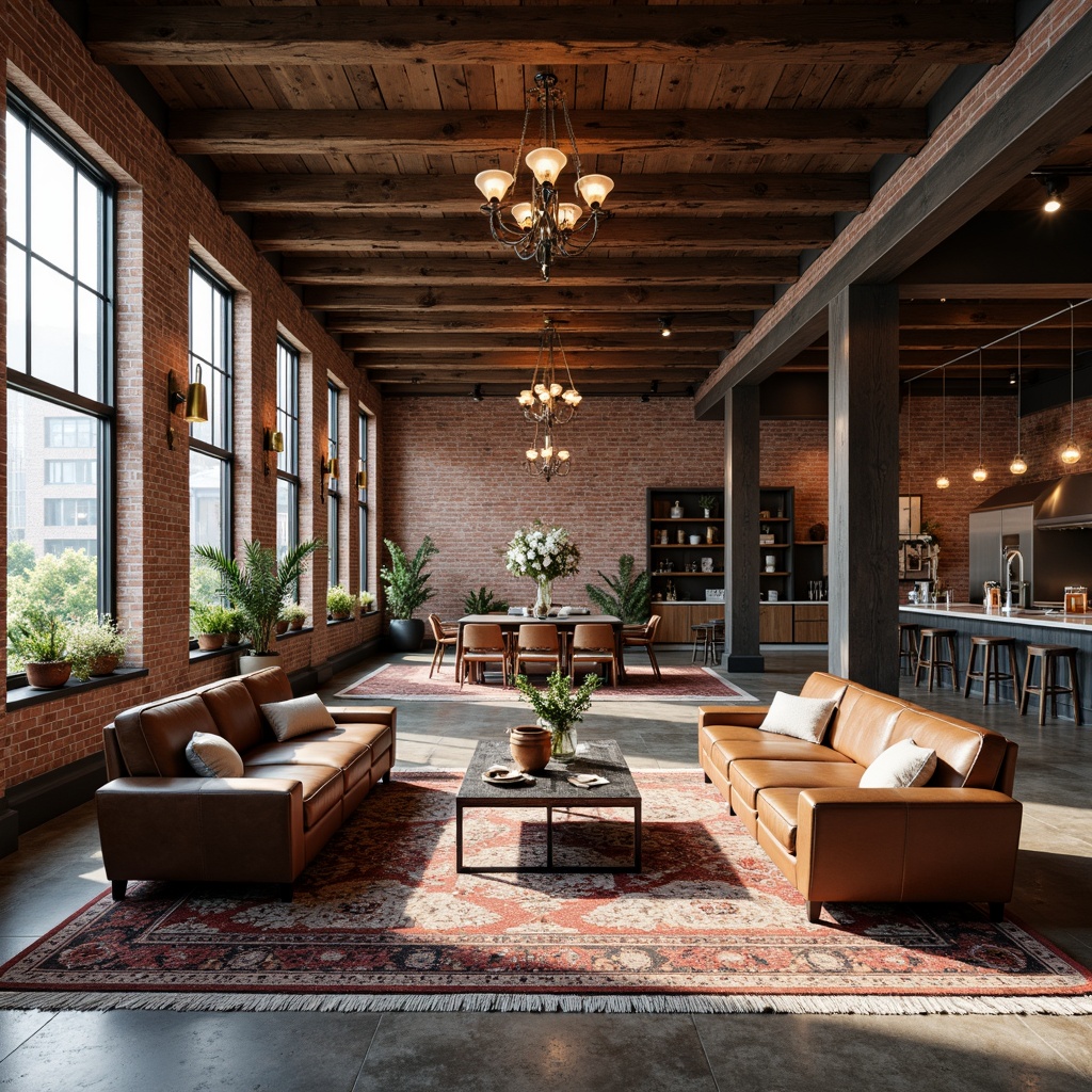 Prompt: Exposed brick walls, wooden beams, industrial chic atmosphere, reclaimed wood furniture, vintage decor, distressed leather sofas, metal coffee tables, ornate chandeliers, plush area rugs, minimalist kitchen islands, stainless steel appliances, brick-red accent walls, natural stone floors, large windows, urban city views, warm soft lighting, shallow depth of field, 3/4 composition, realistic textures, ambient occlusion.