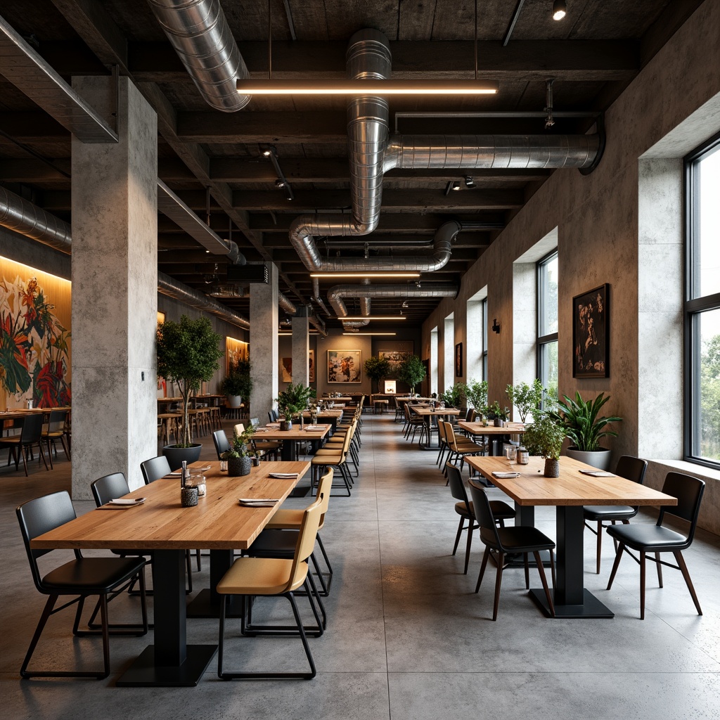 Prompt: Rugged brutalist dining hall, industrial-style tables, concrete floors, exposed ductwork, raw metal beams, minimalist lighting fixtures, geometric-shaped pillars, urban loft atmosphere, reclaimed wood accents, metallic chairs, bold color schemes, abstract artwork, dramatic ceiling heights, spatial openness, 1/1 composition, high-contrast lighting, realistic shadows, ambient occlusion.