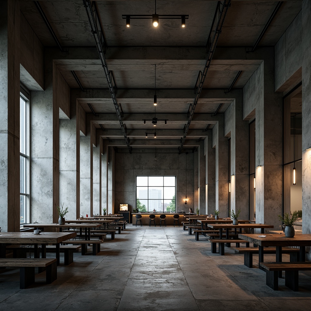 Prompt: Exposed concrete walls, raw metal beams, industrial-style lighting fixtures, minimalist decor, brutalist architecture, communal dining tables, heavy wooden benches, steel chairs, rugged stone floors, monumental columns, dramatic high ceilings, stark contrast, moody atmospheric lighting, cinematic shadows, 3/4 composition, symmetrical framing, bold geometric patterns, distressed textures, monochromatic color scheme, urban industrial ambiance.