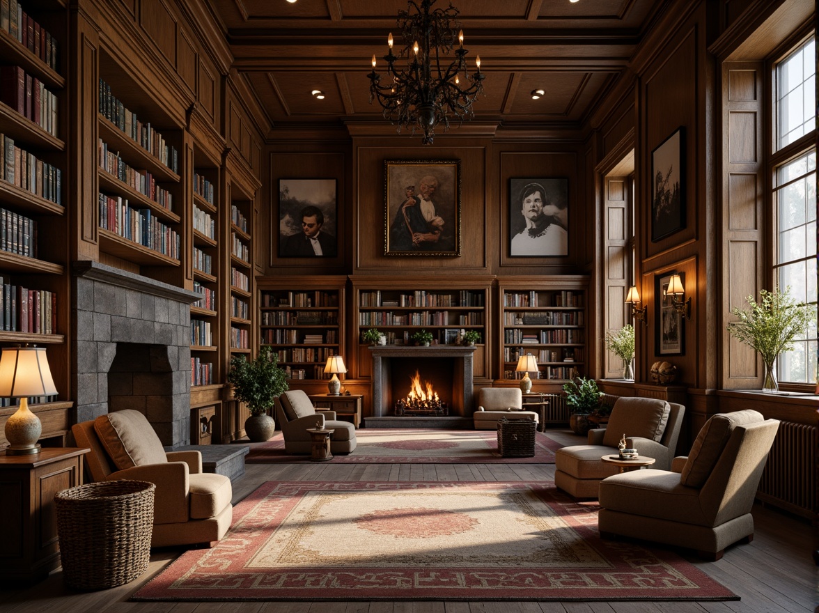 Prompt: Rustic library interior, earthy color scheme, warm wooden tones, rich leather textures, vintage bookshelves, cozy reading nooks, dim table lamps, stone fireplace, comfortable armchairs, woven baskets, natural fiber rugs, distressed wood accents, classic novels, antique furniture pieces, soft candlelight, 1/2 composition, shallow depth of field, filmic grain, warm color grading.