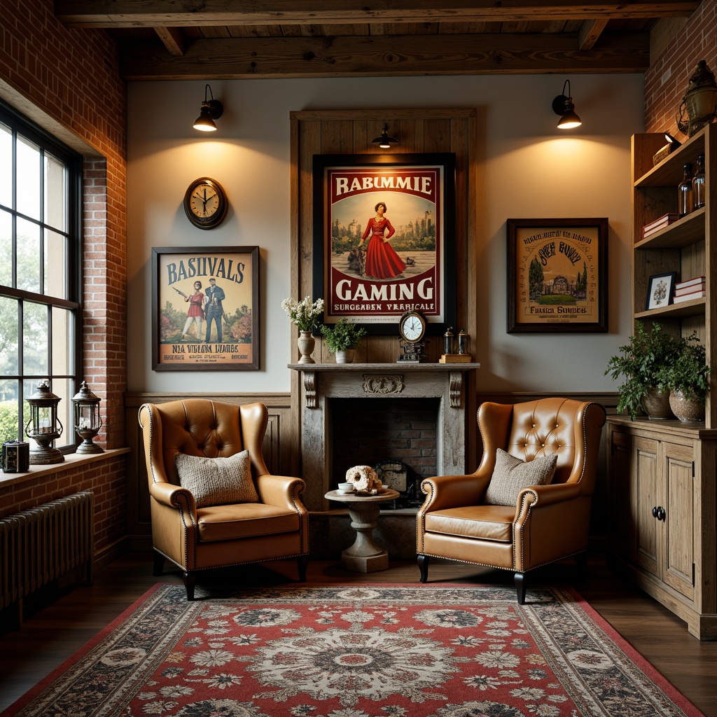 Prompt: Distressed wooden accents, vintage gaming posters, worn leather armchairs, rustic metal lanterns, faded floral patterns, soft warm lighting, exposed brick walls, reclaimed wood shelves, ornate mirrors, distressed finishes, eclectic decorative artifacts, plush area rugs, warm beige colors, cozy reading nooks, decorative vintage cameras, antique clock mechanisms, aged wooden crates, warm golden lighting, 3/4 composition, shallow depth of field, realistic textures.