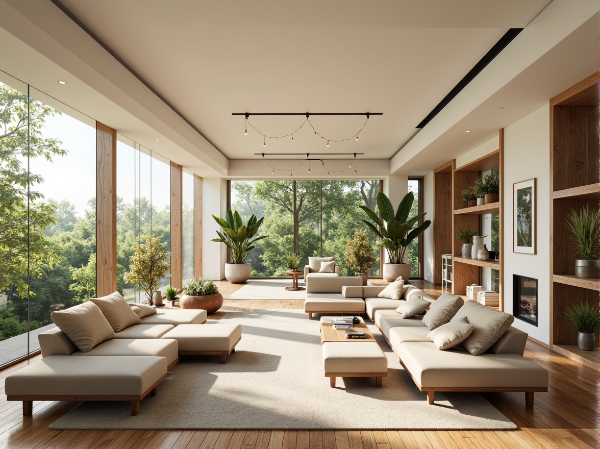 Prompt: Spacious great room, open floor plan, high ceilings, large windows, natural light, airy atmosphere, minimal walls, fluid living spaces, sleek modern furniture, polished hardwood floors, creamy white walls, soft beige couches, vibrant greenery, pendant lighting fixtures, rustic wooden accents, cozy reading nooks, flowing curtains, 3/4 composition, warm ambient lighting, shallow depth of field, realistic textures.