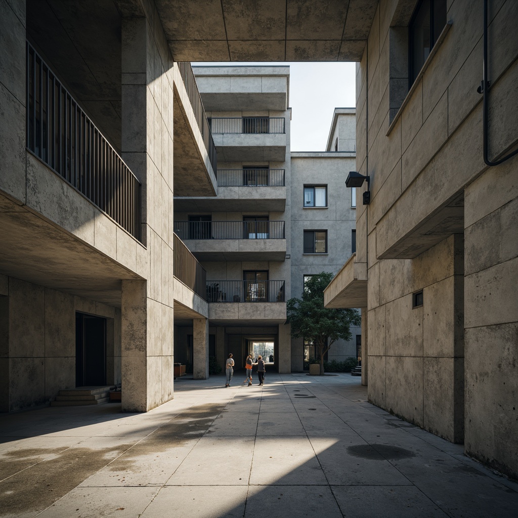 Prompt: Exposed concrete walls, raw industrial textures, brutalist architecture, fortress-like structures, dramatic natural light, geometric shadows, minimalist decor, monochromatic color scheme, cold tone ambiance, urban cityscape, abandoned industrial sites, distressed metal accents, poured-in-place concrete floors, rough-hewn wooden beams, utilitarian functionality, austere simplicity, cinematic high-contrast lighting, 1-point perspective composition, realistic material renderings, ambient occlusion.Please let me know if this meets your expectations!