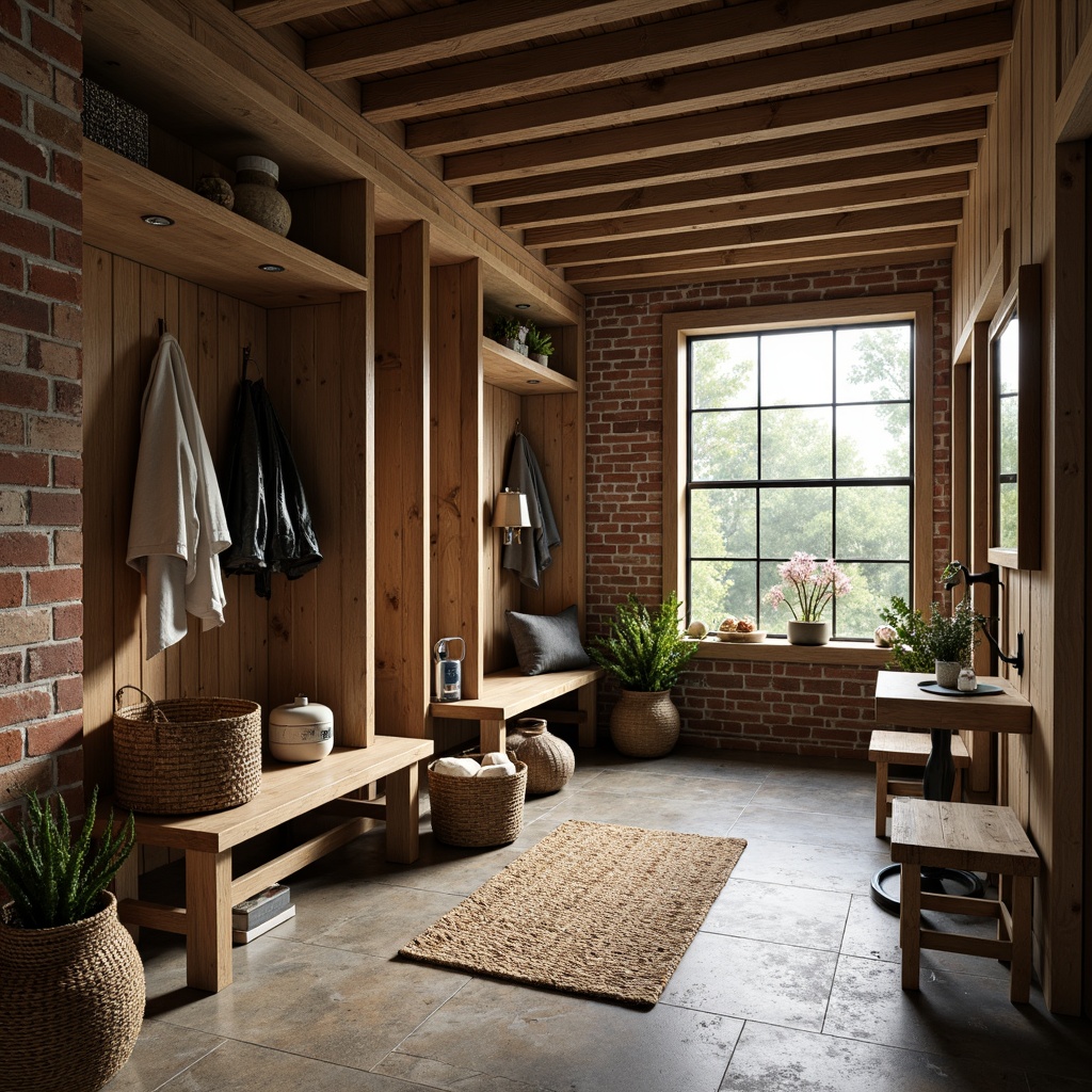 Prompt: Cozy mudroom, natural stone flooring, earthy tones, rustic wooden accents, woven baskets, plush area rugs, industrial metal decor, exposed brick walls, warm ambient lighting, 3/4 composition, shallow depth of field, realistic textures, ambient occlusion.