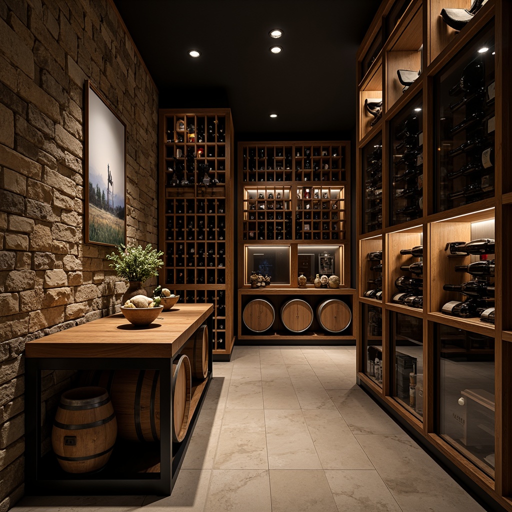 Prompt: Sophisticated wine cellar, climate-controlled environment, precise temperature regulation, optimal humidity levels, dark wooden racks, glass-enclosed storage, subtle LED lighting, earthy stone walls, refined metal accents, ambient temperature range 55-58\u00b0F, relative humidity 50-60%, stillness, quiet atmosphere, premium wine collections, oak barrels, vintage bottles, wine-tasting tables, dimmable overhead lighting, soft focus photography, realistic reflections.