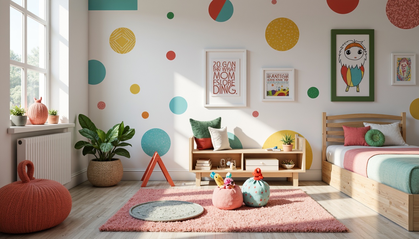 Prompt: Whimsical kids' room, bright colors, fun patterns, playful wallpaper, textured murals, 3D geometric shapes, colorful stencils, creative wall decals, inspirational quotes, cartoon character prints, soft pastel hues, gentle natural light, cozy reading nook, plush area rug, modern minimalist furniture, vibrant accent walls, eclectic decorative frames, youthful energy, shallow depth of field, 1/1 composition, realistic textures.