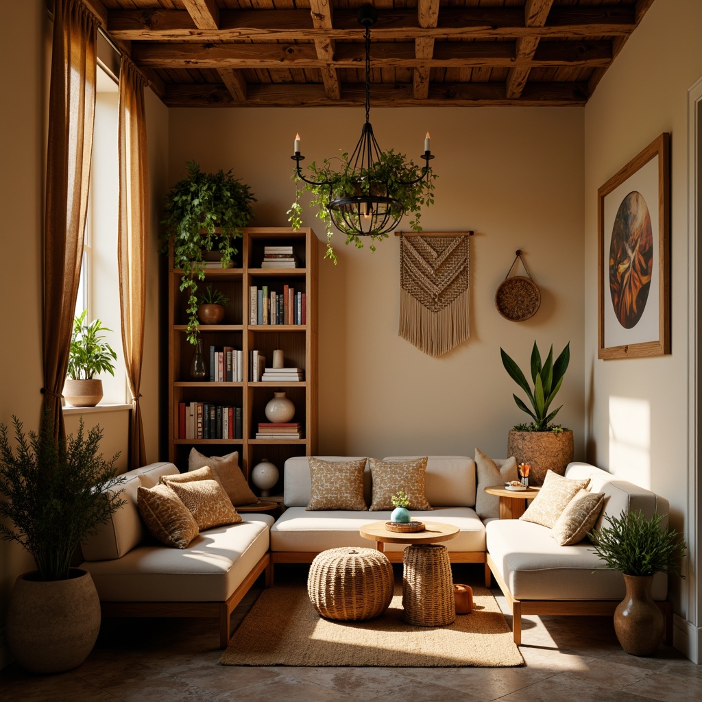 Prompt: Cozy reading nook, warm beige walls, soft cushions, wooden bookshelves, vintage lamps, greenery plants, natural stone flooring, earthy color palette, intimate ambiance, relaxed seating area, rustic wooden decor, woven textiles, macrame wall hangings, abstract artwork, minimalist frames, warm golden lighting, shallow depth of field, 1/1 composition, realistic textures, ambient occlusion.