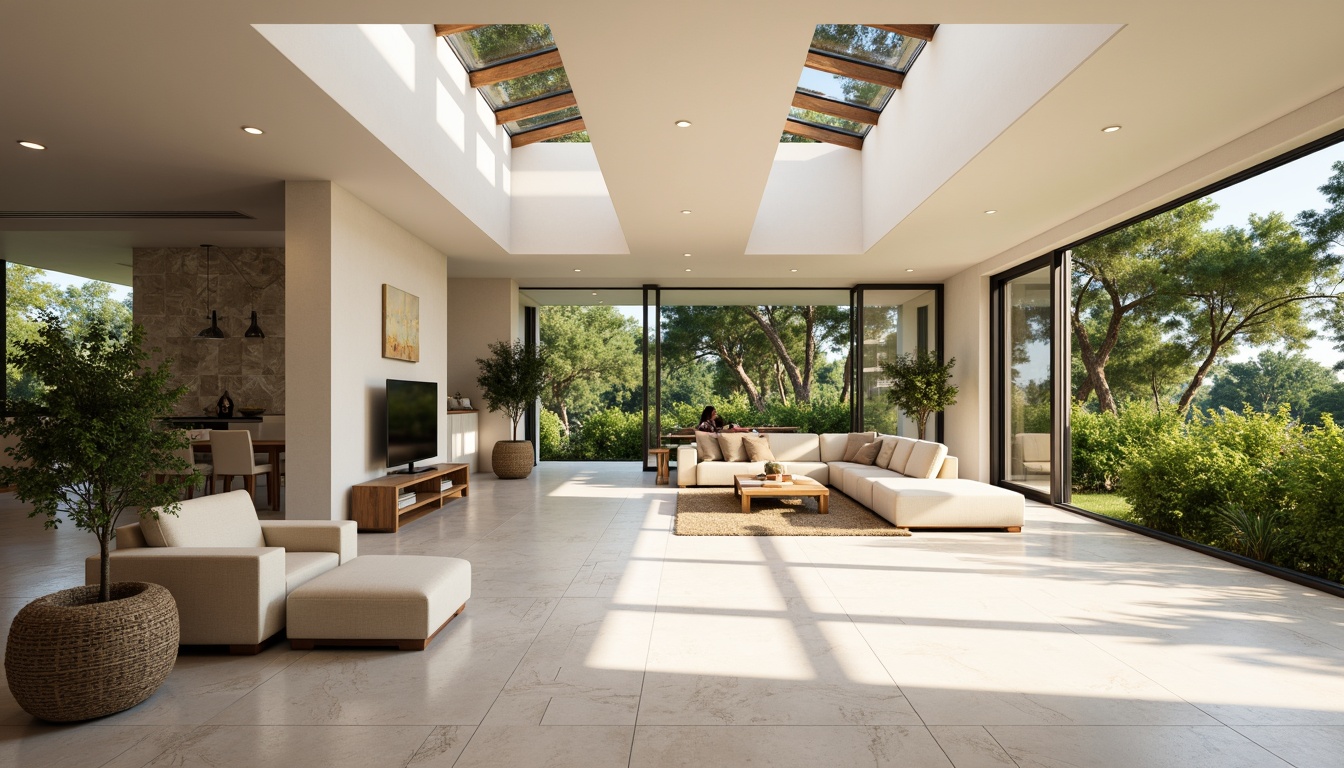 Prompt: Spacious open-plan living room, floor-to-ceiling windows, sliding glass doors, minimal obstruction, reflective surfaces, polished marble floors, cream-colored walls, warm beige upholstery, lush greenery, potted plants, natural stone accents, wooden ceiling beams, clerestory windows, skylights, soft diffused lighting, gentle morning sunlight, airy atmosphere, 1/1 composition, symmetrical framing, high-key exposure, subtle color palette.