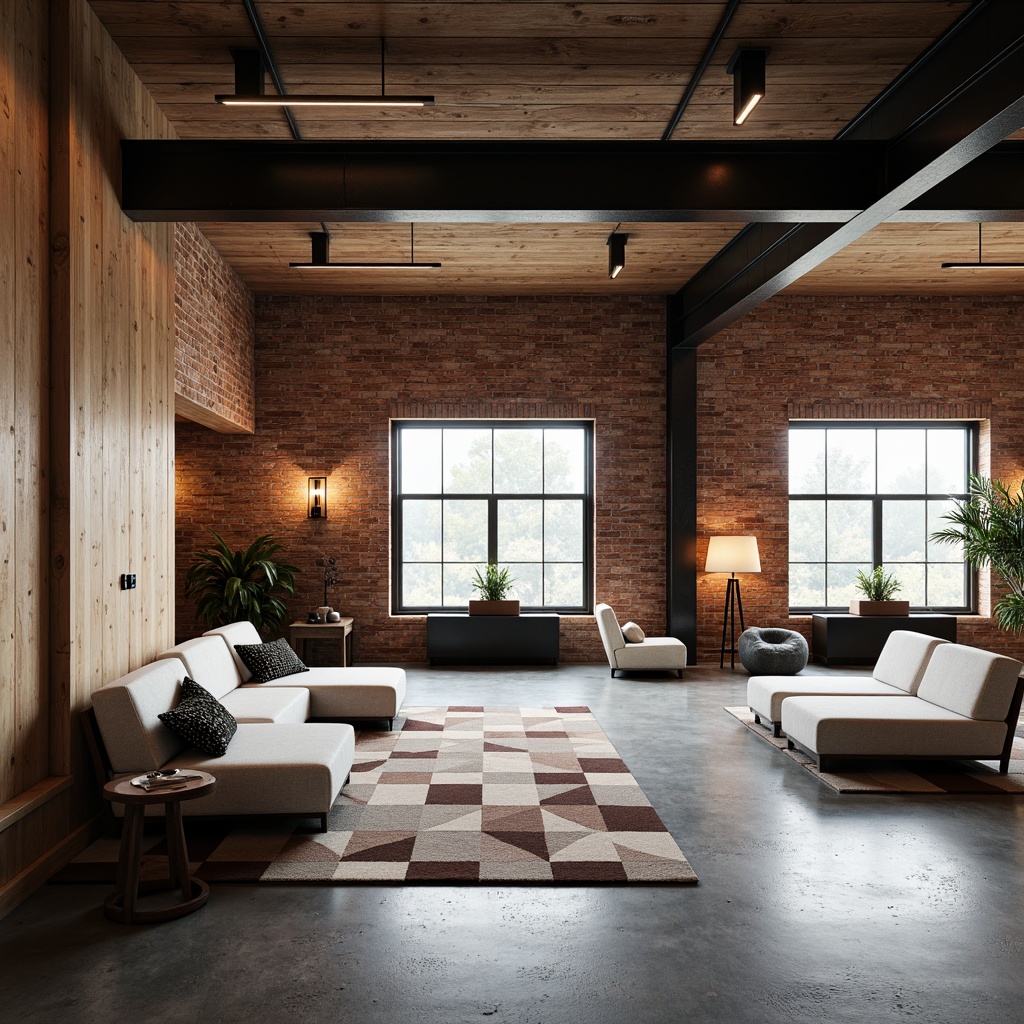 Prompt: Exposed brick walls, reclaimed wood accents, polished concrete floors, sleek metal beams, minimalist decor, industrial chic atmosphere, urban loft setting, streamlined furniture, low-profile sofas, geometric-patterned rugs, matte-black lighting fixtures, airy open spaces, abundant natural light, soft warm ambiance, shallow depth of field, 1/1 composition, realistic textures, ambient occlusion.