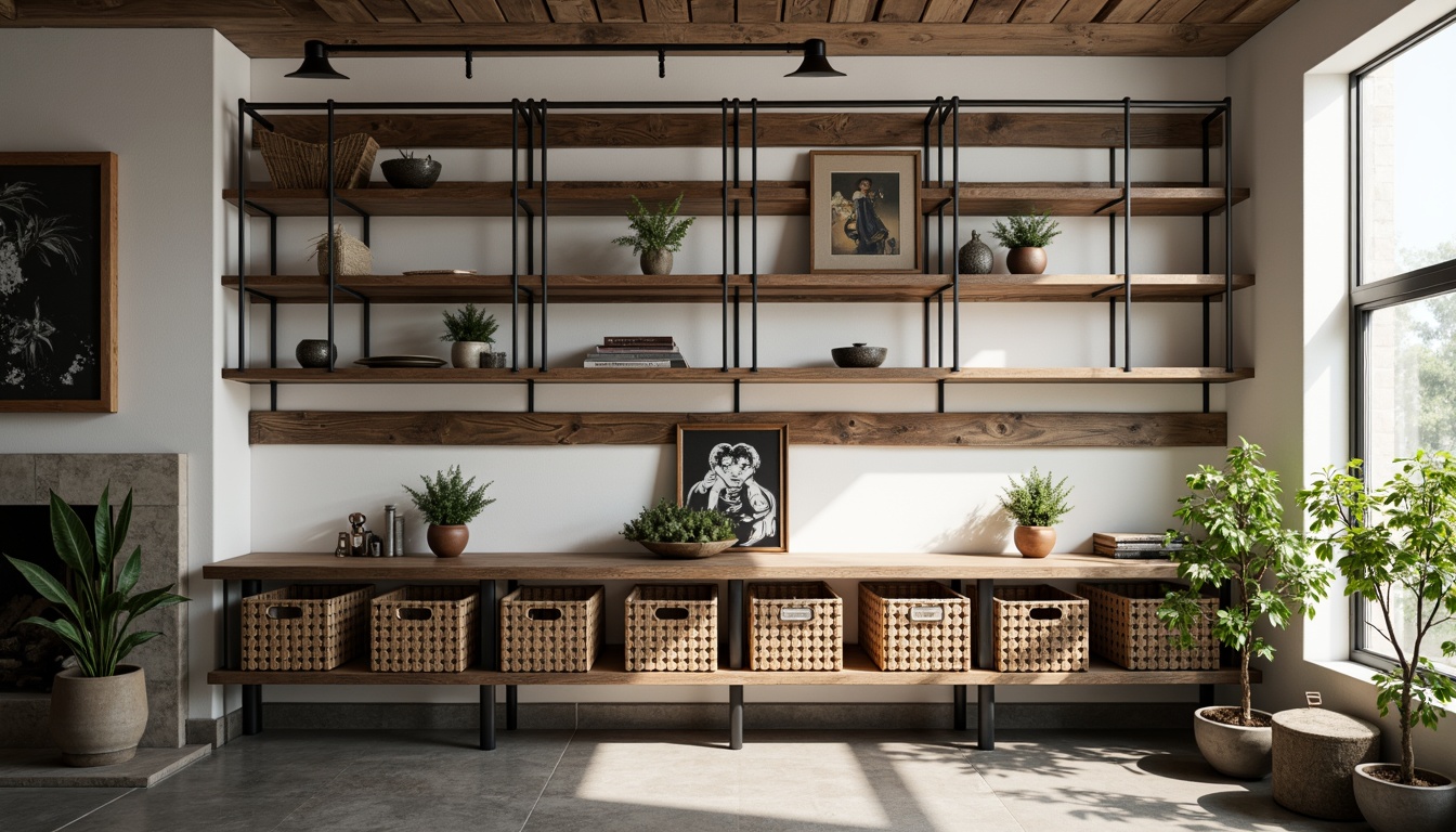 Prompt: Industrial-chic open shelving, reclaimed wood planks, metal pipe frames, minimalist decor, airy feel, natural light, urban loft ambiance, distressed finishes, decorative storage bins, woven baskets, potted greenery, eclectic decorative objects, warm neutral color palette, soft ambient lighting, shallow depth of field, 2/3 composition, realistic textures, subtle shadows.