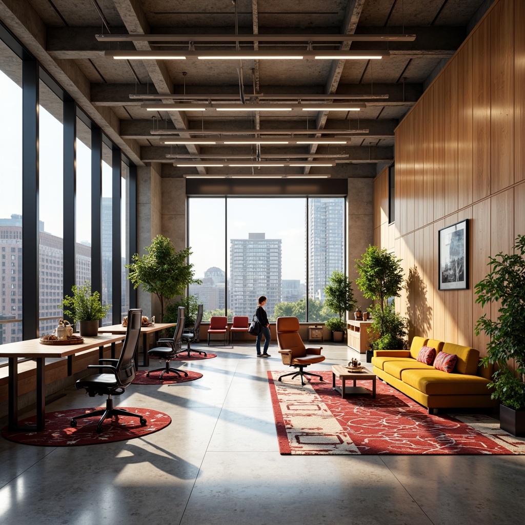 Prompt: Vibrant office space, bold color accents, modern minimalist furniture, sleek metal desks, ergonomic chairs, abundant natural light, floor-to-ceiling windows, urban cityscape views, geometric patterned rugs, wooden accents, greenery walls, air-purifying plants, soft warm lighting, 1/1 composition, shallow depth of field, realistic textures, ambient occlusion.