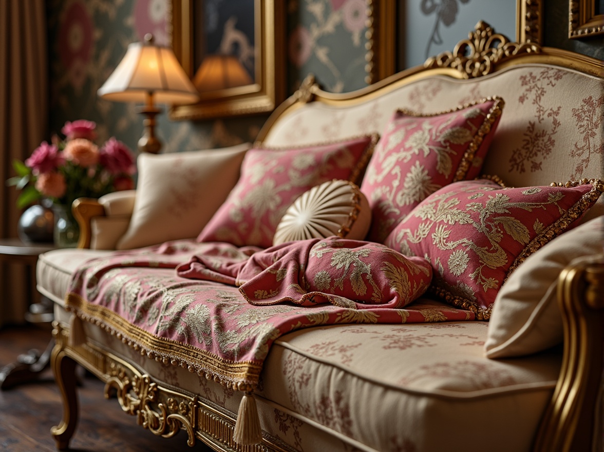 Prompt: Luxurious velvet fabrics, intricate gold embroidery, ornate crystal beading, soft pastel hues, delicate lace trimmings, rich silk brocades, elegant floral patterns, opulent tassels, lavish ruffles, whimsical shell motifs, curved Louis XV furniture, ornate mirrors, gilded frames, soft candlelight, warm intimate ambiance, shallow depth of field, 1/1 composition, realistic textures, ambient occlusion.