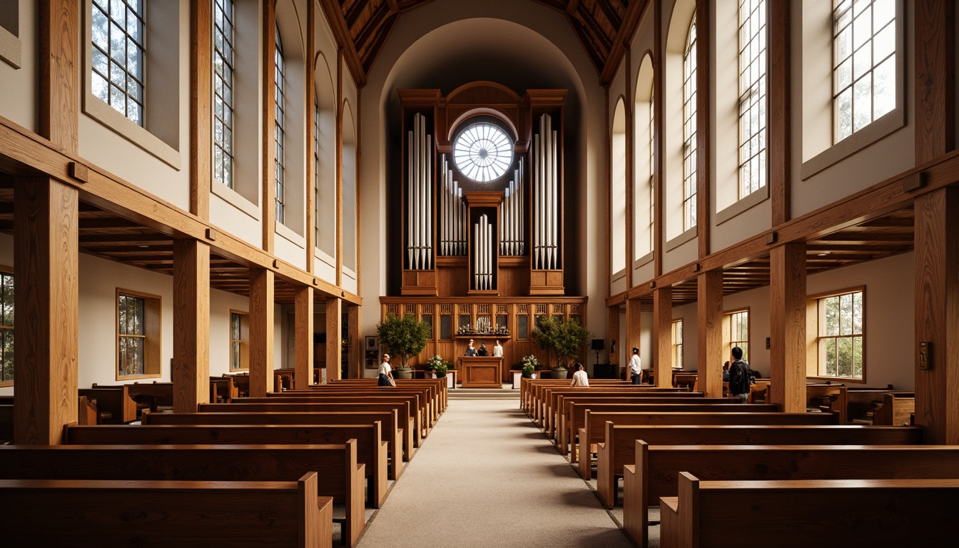 Prompt: Elegant church interior, wooden pews, stained glass windows, high ceilings, acoustic panels, sound-absorbing materials, reverberation control, warm lighting, soft carpeting, peaceful ambiance, worship space, lectern, altar, ornate details, traditional architecture, grand organ, spiritual atmosphere, subtle color palette, natural wood tones, calming environment, 1/1 composition, soft focus, realistic textures, ambient occlusion.