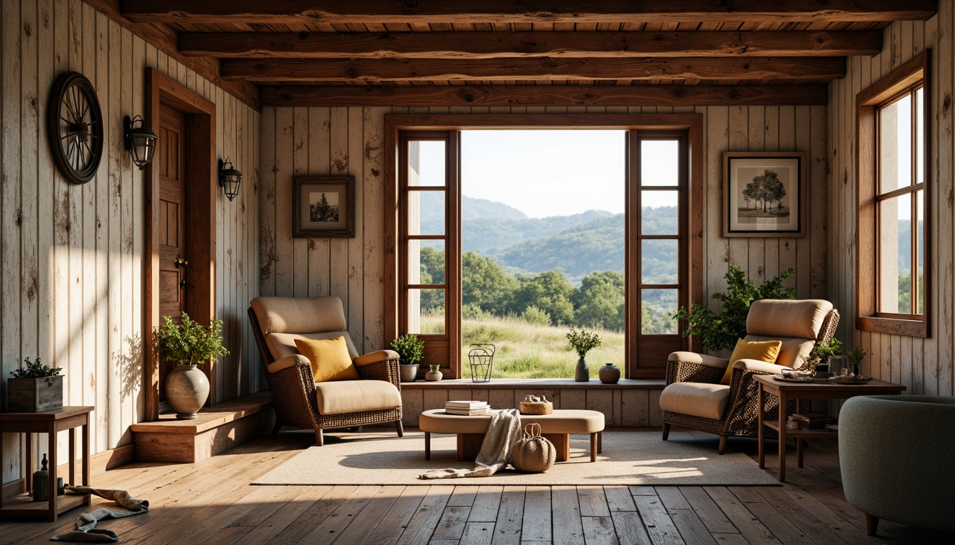 Prompt: Rustic farmhouse, shiplap walls, weathered wooden planks, distressed textures, vintage metal decorations, country-style furnishings, earthy color palette, natural stone foundations, rolling hills, rural landscape, sunny afternoon, warm soft lighting, shallow depth of field, 2/3 composition, realistic wood grain, ambient occlusion.