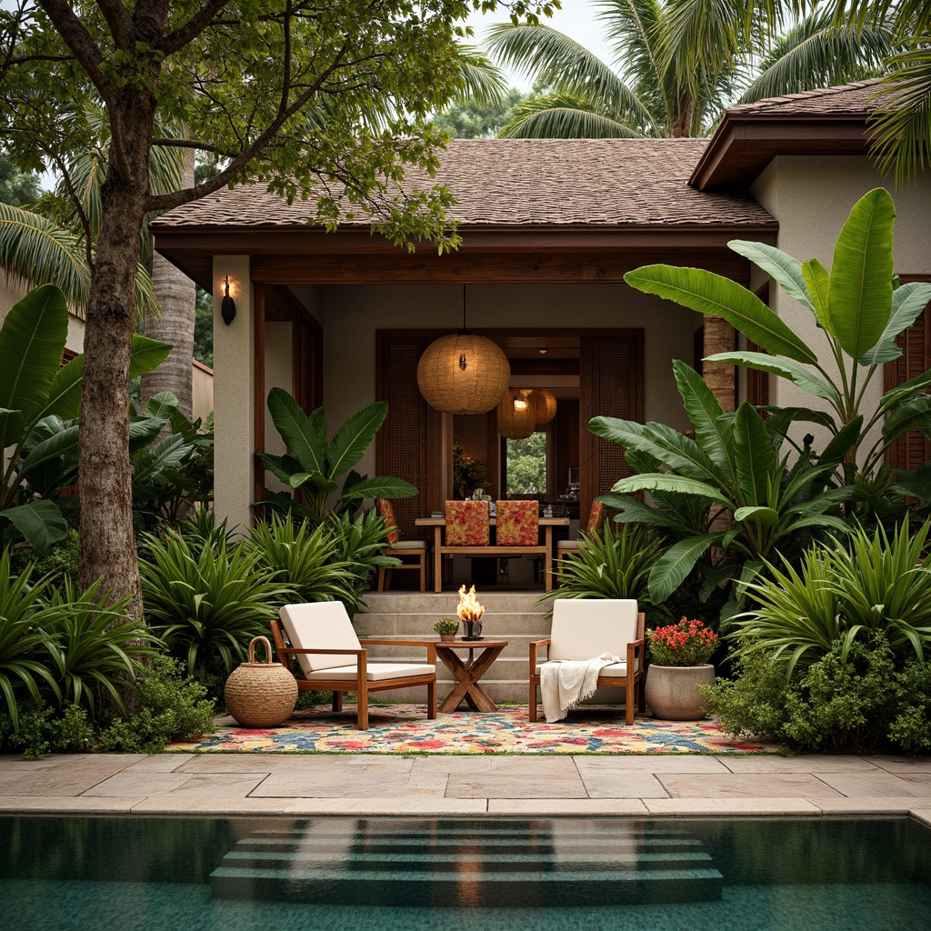 Prompt: Exotic tropical villa, lush greenery, vibrant floral patterns, natural stone walls, reclaimed wood accents, woven bamboo textures, rattan furniture, colorful tiki torches, rustic wooden shutters, corrugated metal roofs, earthy color palette, warm soft lighting, shallow depth of field, 3/4 composition, panoramic view, realistic textures, ambient occlusion.