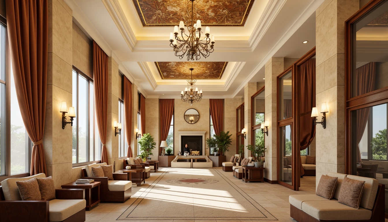 Prompt: Warm beige walls, natural stone accents, rich wood paneling, ornate moldings, soft cream-colored ceilings, elegant chandeliers, luxurious fabrics, traditional furniture pieces, comfortable seating areas, serene ambiance, warm lighting, subtle texture variations, 1/1 composition, realistic render, ambient occlusion.Let me know if this meets your requirements!