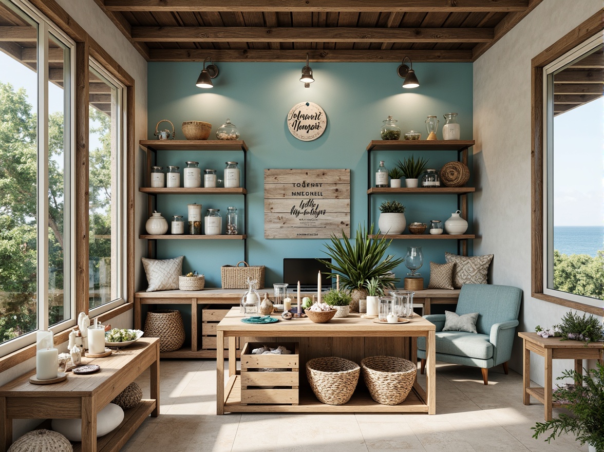 Prompt: Driftwood-inspired shelving units, ocean-blue accent walls, natural woven baskets, reclaimed wood crates, nautical-themed signage, glass jars with seaside-inspired labels, rustic metal brackets, weathered wooden planks, coastal-scented candles, soft blue-green lighting, airy open shelving, beachy textiles, woven sea grass bins, coral-patterned display tables, ocean-view windows, minimalistic decorative accents, distressed wood finishes, seashell-adorned displays, sandy-beige flooring, laid-back atmosphere, 3/4 composition, shallow depth of field, natural textures, ambient occlusion.