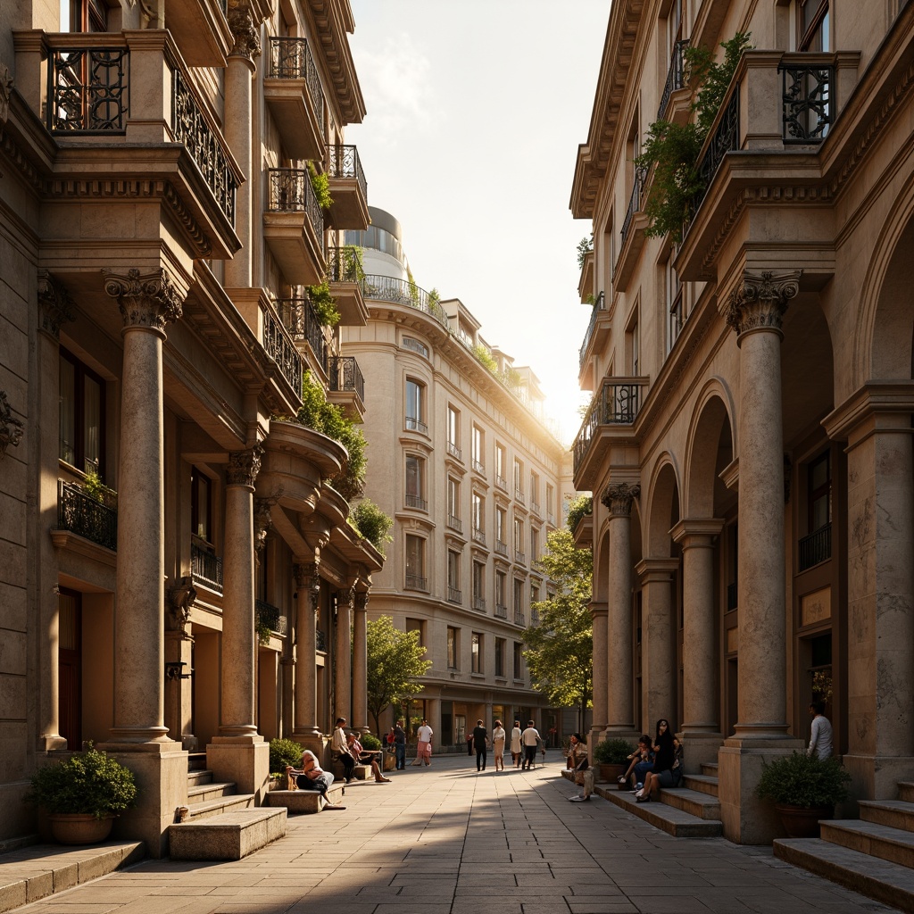 Prompt: Ornate Renaissance-style buildings, grandiose columns, intricately carved stone facades, ornamental balustrades, majestic arches, rusticated bases, decorative cornices, scrolled pediments, classical pilasters, symmetrical compositions, warm golden lighting, soft focus blur, 1/1 aspect ratio, atmospheric perspective, realistic textures, subtle ambient occlusion.