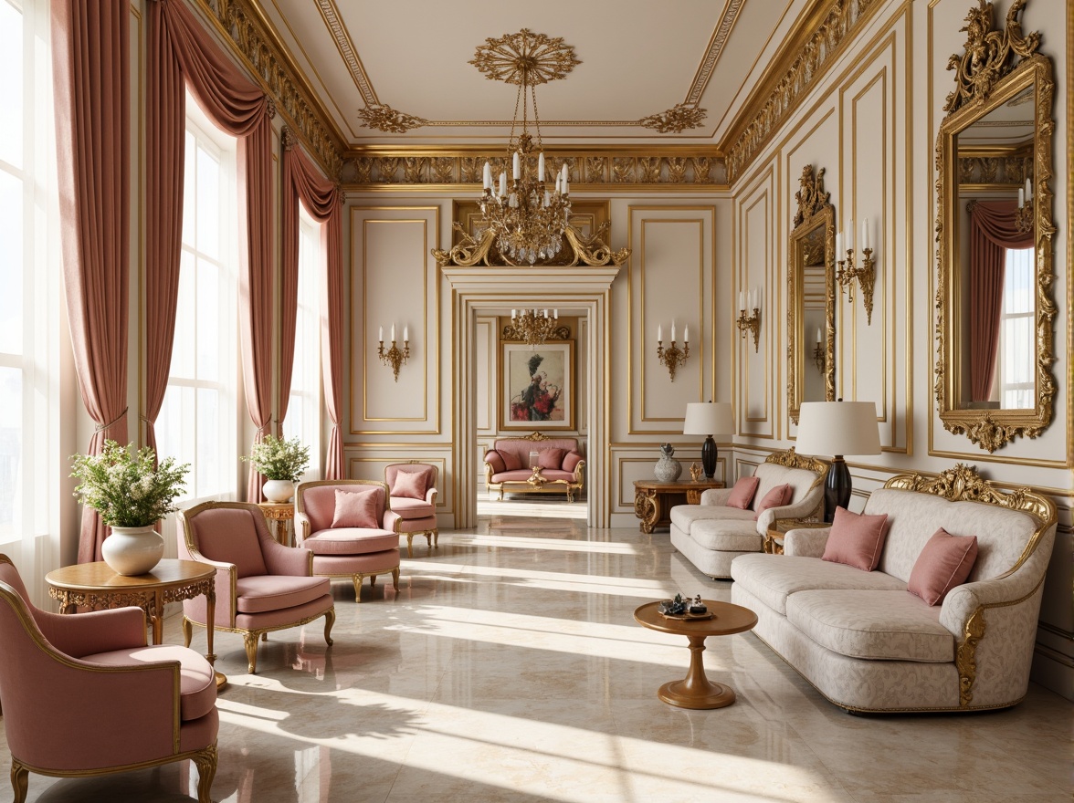 Prompt: Luxurious Rococo interior, ornate gold accents, soft cream walls, rich velvet fabrics, delicate lace patterns, intricate carvings, opulent chandeliers, lavish drapery, warm beige marble floors, ornamental mirrors, subtle sheen finishes, pastel pink hues, pale blue undertones, creamy whites, elegant neutrals, sophisticated metallic tones, dramatic lighting effects, shallow depth of field, 1/2 composition, ornate frame details, realistic textures.