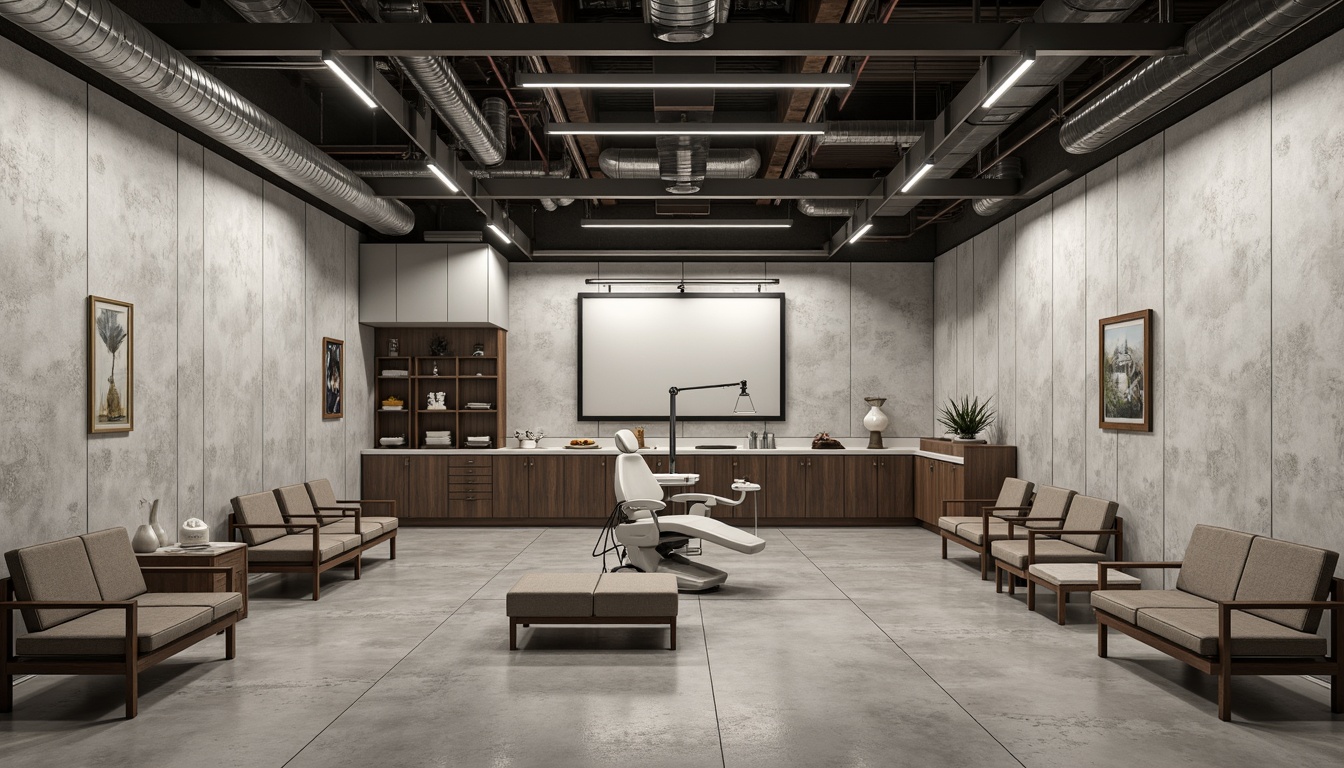 Prompt: Rough concrete walls, industrial-style lighting fixtures, metal beams, minimalist decor, functional furniture, brutalist architectural style, dentist chairs, medical equipment, waiting area benches, raw wood accents, exposed ductwork, urban atmosphere, cold color tones, steel frames, geometric patterns, industrial-grade flooring, modern art pieces, abstract sculptures.