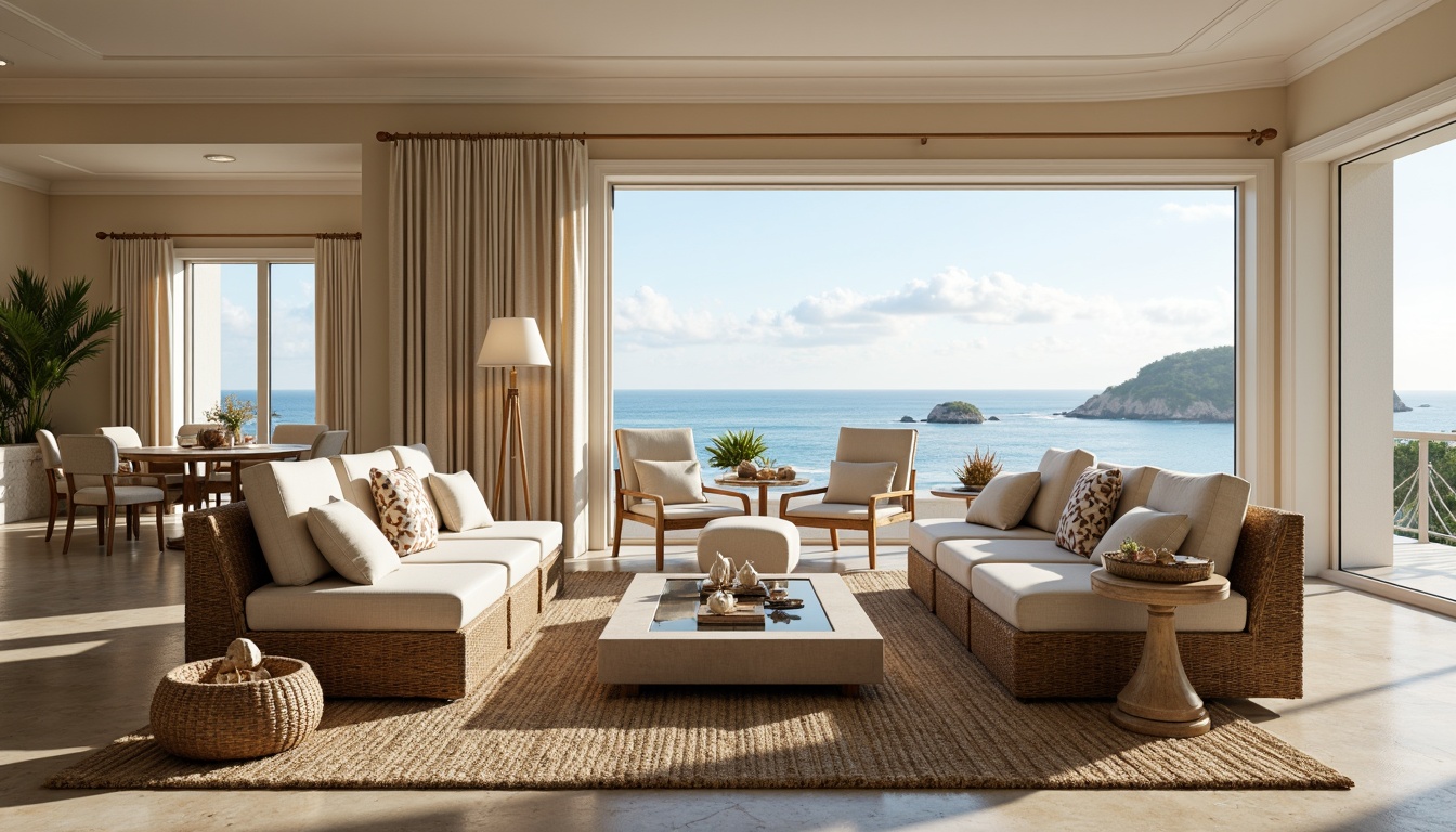 Prompt: Elegant coastal living room, driftwood furniture, plush sectional sofas, soft linen upholstery, natural jute rugs, woven wicker chairs, glass coffee tables, nautical decorative accents, shells, starfish, coral patterns, calming ocean views, large windows, sliding glass doors, warm beige walls, creamy white trim, soft ambient lighting, 1/2 composition, relaxed atmosphere, realistic textures, subtle shadows.