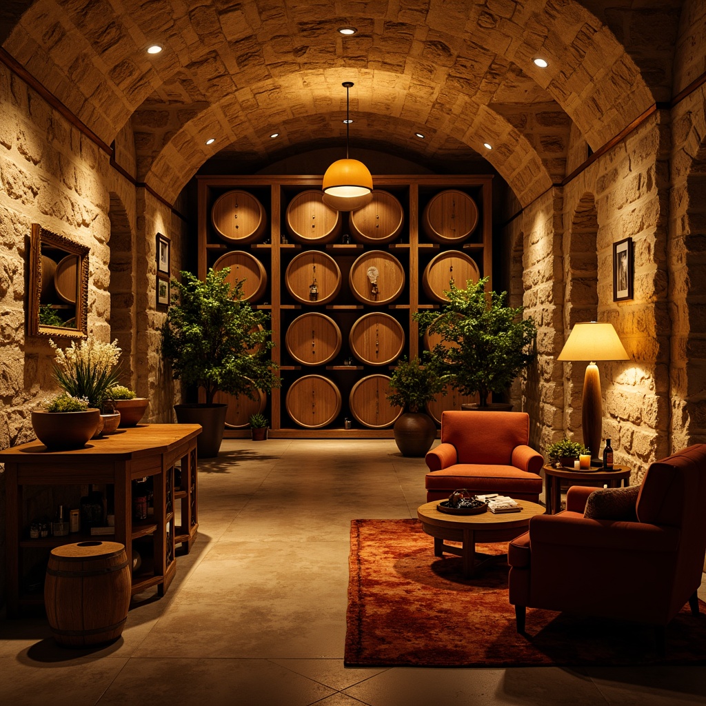 Prompt: Earth-toned wine cellar, rich wood accents, warm golden lighting, rustic stone walls, dark wooden barrels, vintage wine crates, elegant metal racks, subtle earthy aroma, intimate ambiance, cozy seating areas, plush velvet textiles, warm beige tones, soft candlelight, shallow depth of field, 1/2 composition, realistic textures, ambient occlusion.