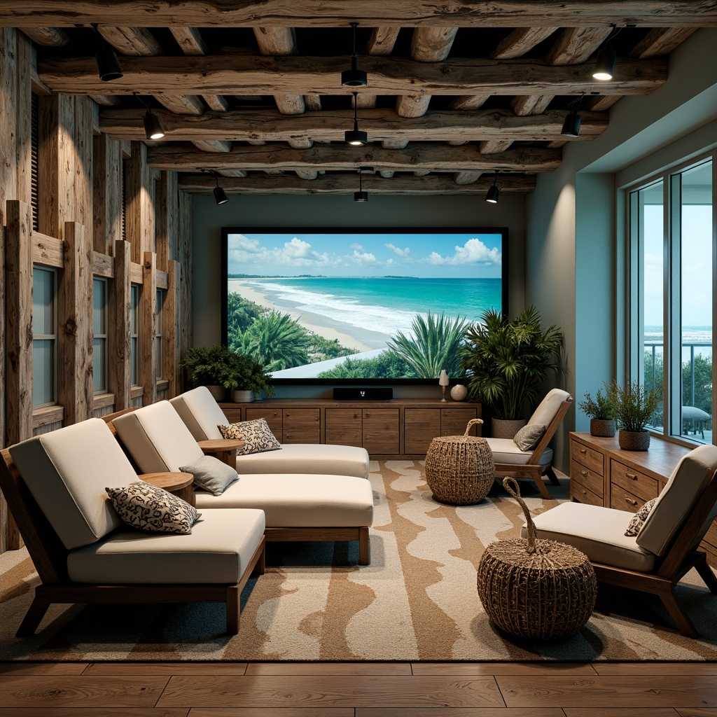 Prompt: Coastal-themed cinema, ocean-inspired decor, driftwood accents, soft blue-green color palette, natural textiles, woven sea grass seats, reclaimed wood floors, rustic metal frames, nautical rope details, comfortable lounge chairs, oversized pillows, warm ambient lighting, subtle wave patterns, beachy scents, refreshing ocean breeze, cinematic sound systems, high-definition screens, wide-angle views, shallow depth of field, 2/3 composition, realistic renderings.