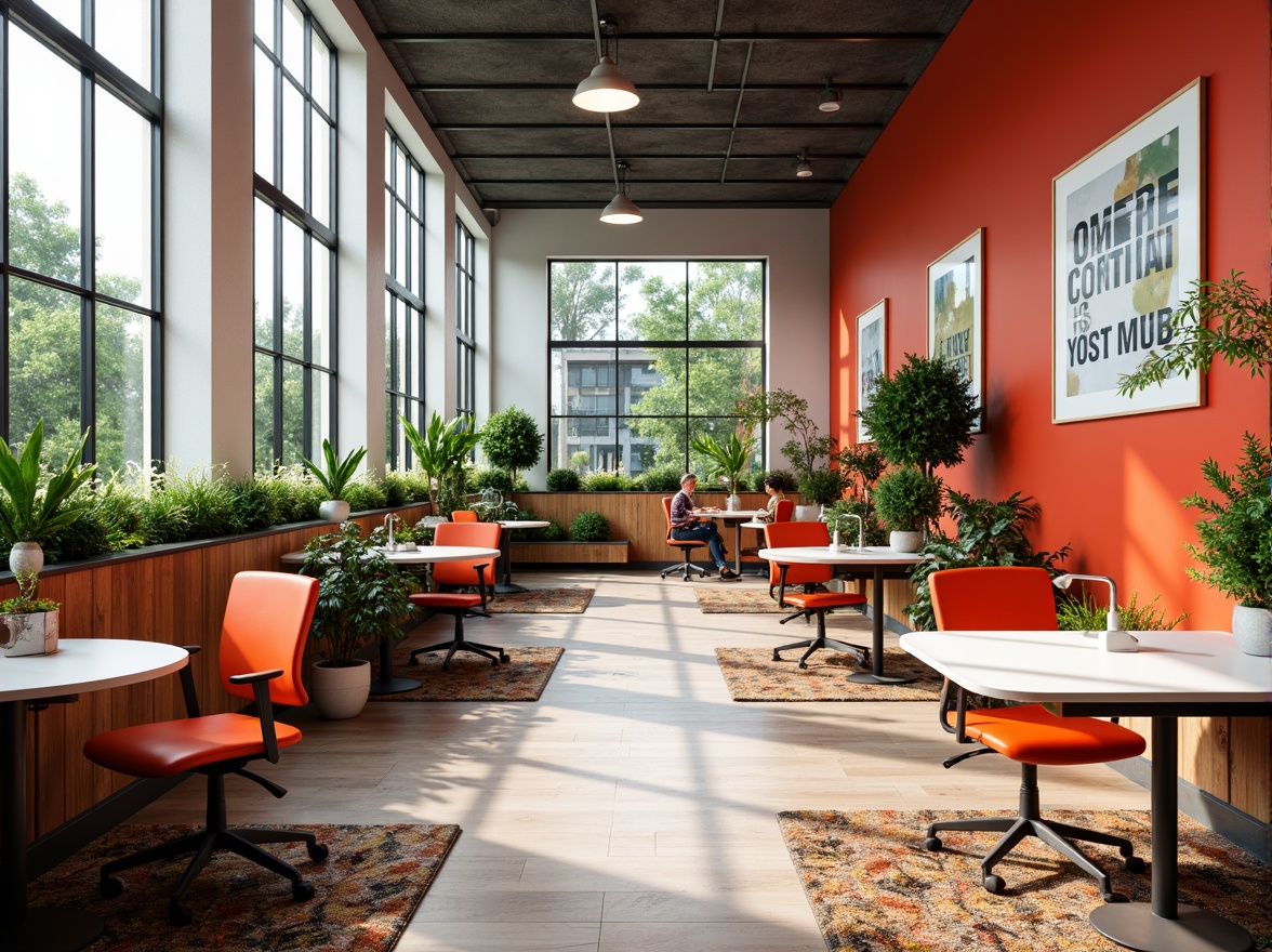 Prompt: Vibrant office interior, bold color accents, modern ergonomic furniture, sleek metal legs, adjustable desk heights, inspirational quotes, geometric patterned rugs, abstract artwork, natural wood textures, plenty of greenery, floor-to-ceiling windows, abundant daylight, warm task lighting, 1/1 composition, shallow depth of field, realistic reflections.