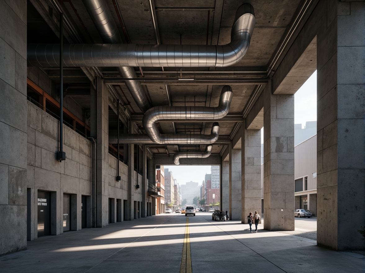 Prompt: Exposed ductwork, industrial pipes, raw concrete walls, brutalist architecture, functional design, warehouse atmosphere, high ceilings, overhead crane systems, metal beams, reinforced columns, minimalist lighting, gray tone color palette, urban surroundings, busy streets, morning fog, soft diffused light, shallow depth of field, 1/2 composition, realistic textures, ambient occlusion.Please let me know if this meets your expectations or if you need further adjustments!