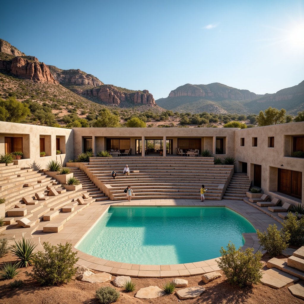 Prompt: Southwestern-style amphitheater, adobe-inspired architecture, curved seating areas, natural stone walls, wooden accents, vibrant turquoise hues, desert landscape, cacti plants, clear blue sky, warm sunny day, soft diffused lighting, 3/4 composition, shallow depth of field, panoramic view, realistic textures, ambient occlusion, optimal sound reflection, resonant frequencies, acoustic panels, sound absorption materials, minimal echo, crisp audio clarity, audience comfort, shaded seating areas, misting systems.