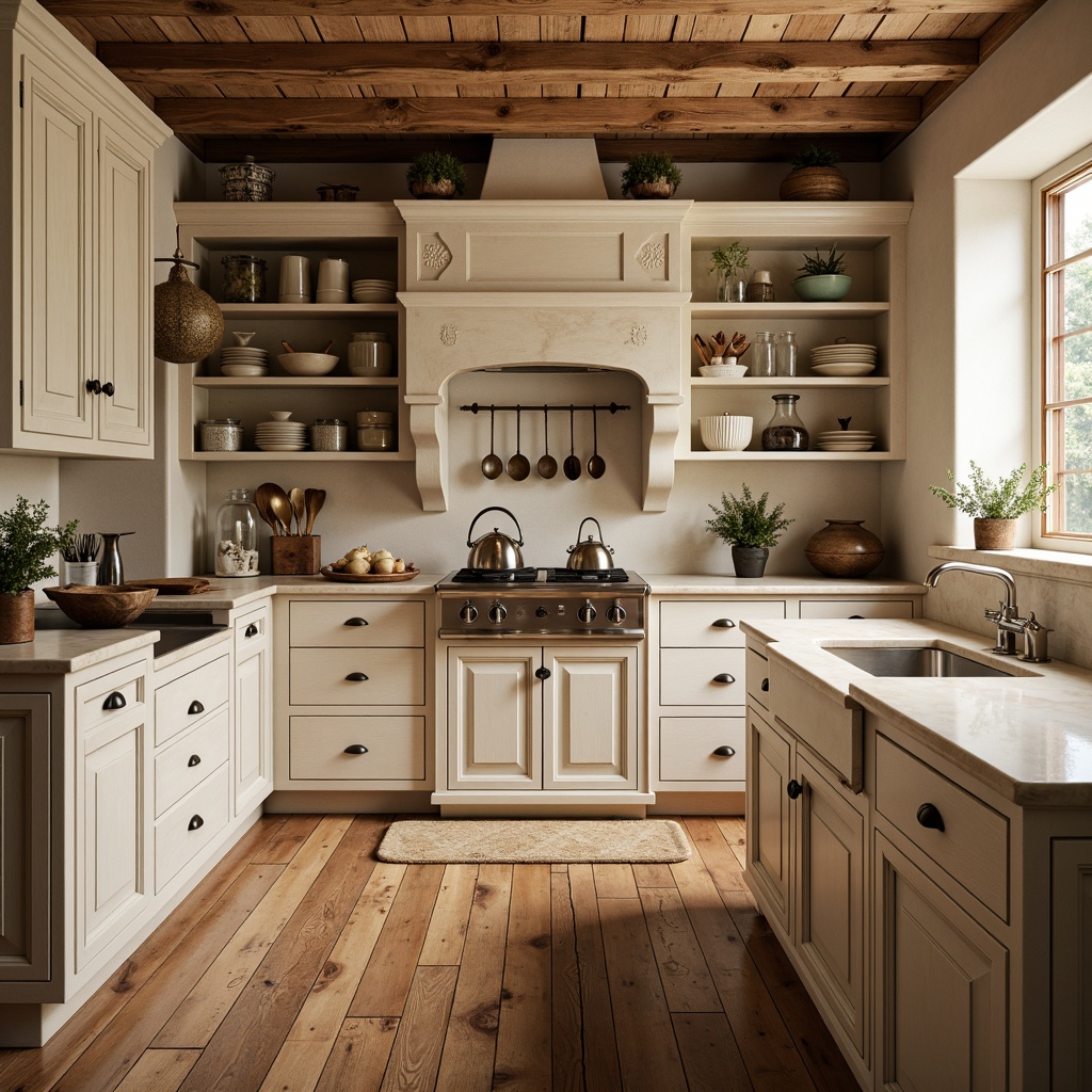 Prompt: Rustic pantry, distressed wood cabinetry, soft creamy whites, warm golden tones, ornate metal hardware, decorative corbels, richly stained wood floors, natural stone countertops, vintage-inspired kitchen utensils, elegant curved lines, classic French country style, soft ambient lighting, 1/1 composition, shallow depth of field, realistic textures, warm color palette.