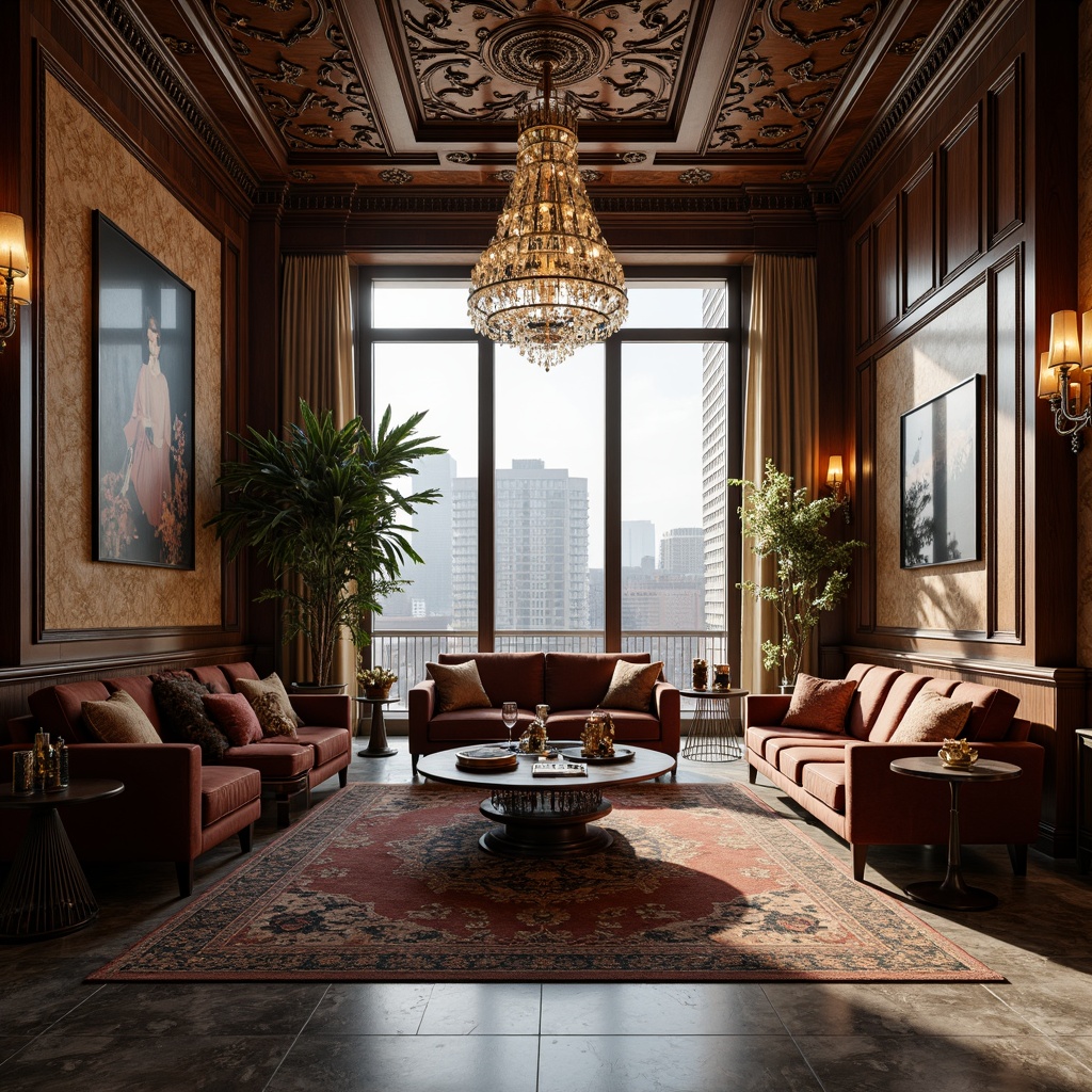 Prompt: Luxurious penthouse, traditional ornate furnishings, rich velvet fabrics, intricate wooden carvings, antique bronze fixtures, lavish crystal chandeliers, plush area rugs, tufted leather sofas, majestic cityscape views, floor-to-ceiling windows, opulent marble floors, grand staircase, soft warm lighting, cinematic composition, realistic textures, ambient occlusion.