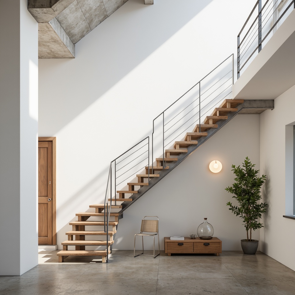 Prompt: Minimalist staircase, sleek metal handrails, simple wooden steps, pure white walls, natural light flooding, airy atmosphere, open-plan layout, industrial-chic decor, polished concrete floors, geometric-shaped lamps, subtle shadows, 1/1 composition, soft warm lighting, realistic textures, ambient occlusion.