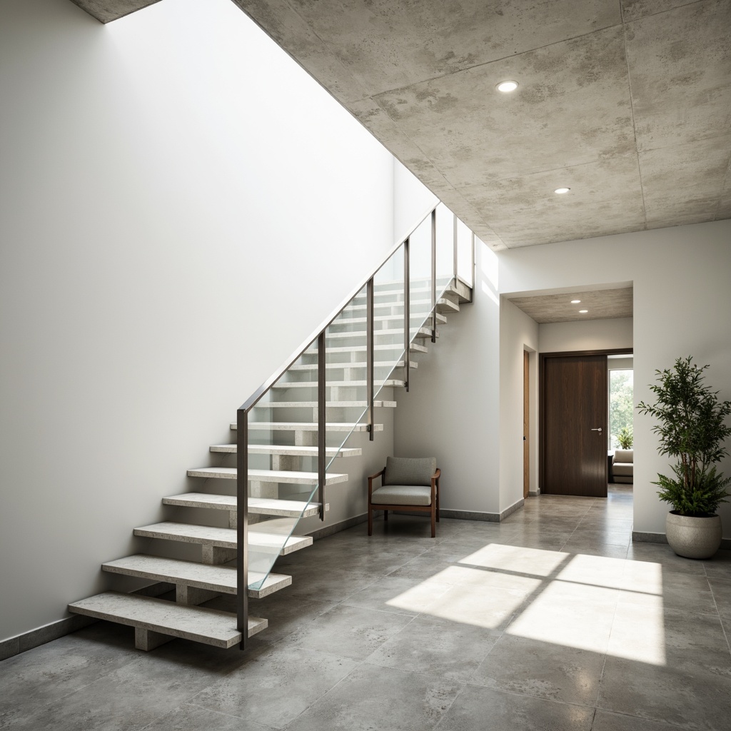 Prompt: Sleek staircase design, minimalist aesthetic, transparent glass railings, stainless steel handrails, open tread stairs, floating steps, monochromatic color scheme, natural light pouring in, subtle shadows, clean lines, minimal ornamentation, industrial chic vibe, polished concrete floors, white walls, sparse greenery, airy atmosphere, soft warm lighting, shallow depth of field, 1/1 composition, realistic textures, ambient occlusion.