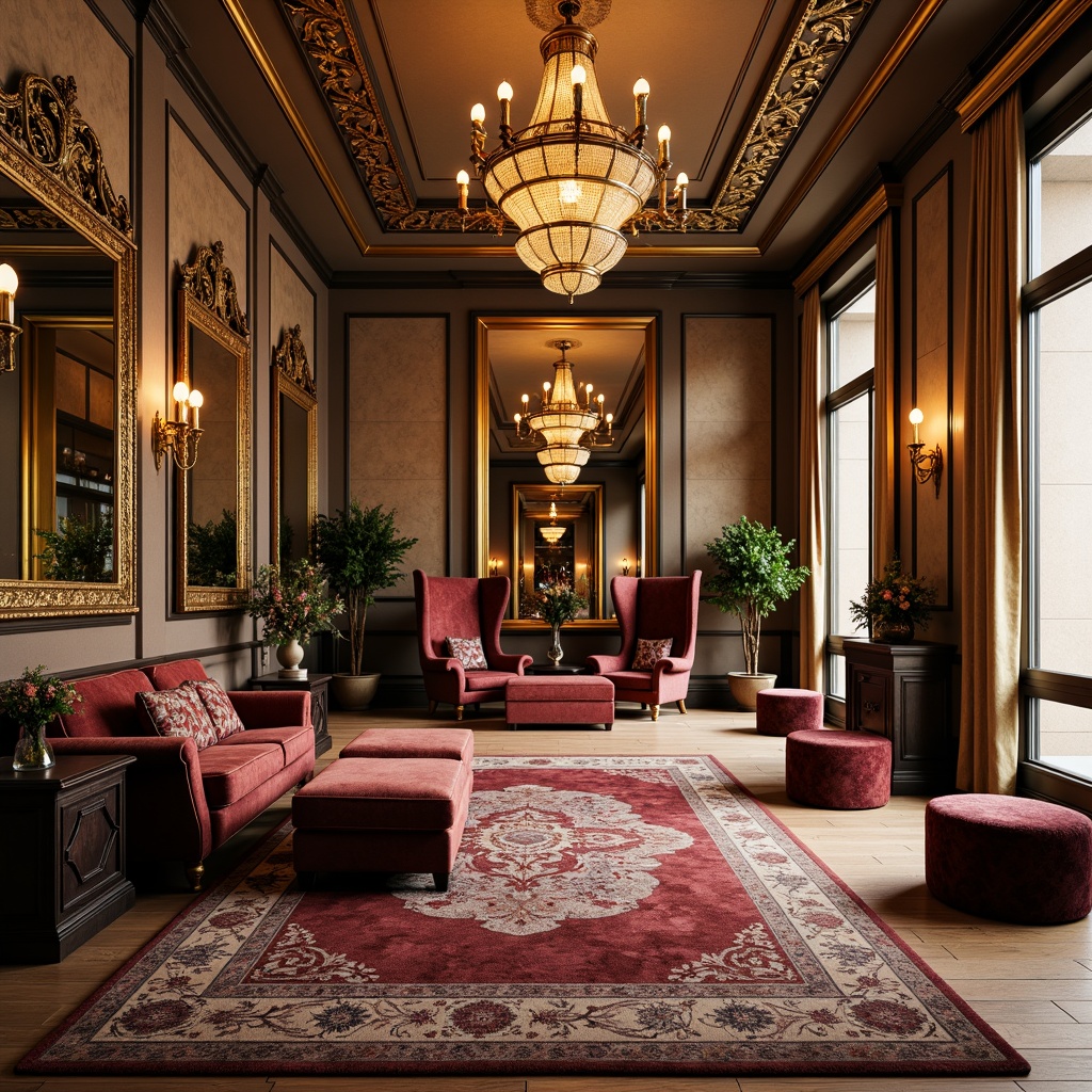 Prompt: Luxurious rehabilitation center, ornate gold accents, delicate carvings, velvet upholstery, intricately patterned rugs, lavish chandeliers, grandiose mirrors, carved wooden furniture, plush armchairs, tufted ottomans, elegant coffee tables, richly textured fabrics, soft warm lighting, shallow depth of field, 1/1 composition, realistic reflections, ambient occlusion.