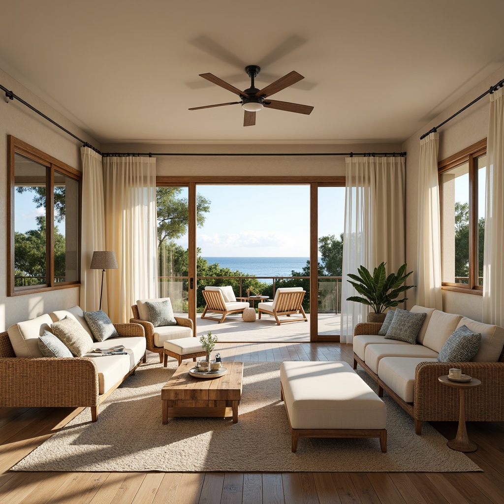 Prompt: Soft warm sunlight, airy open spaces, coastal-themed decor, driftwood accents, woven rattan furniture, natural fiber textiles, calming ocean views, gentle sea breeze, weathered wooden floors, distressed finishes, beachy color palette, creamy whites, blues and sandy neutrals, sheer curtains, glass sliding doors, outdoor living areas, lush greenery, tropical plants, organic shapes, minimalist ornaments, subtle nautical touches, warm beige stonework, soft focus photography, 1/2 composition, natural textures, atmospheric perspective.