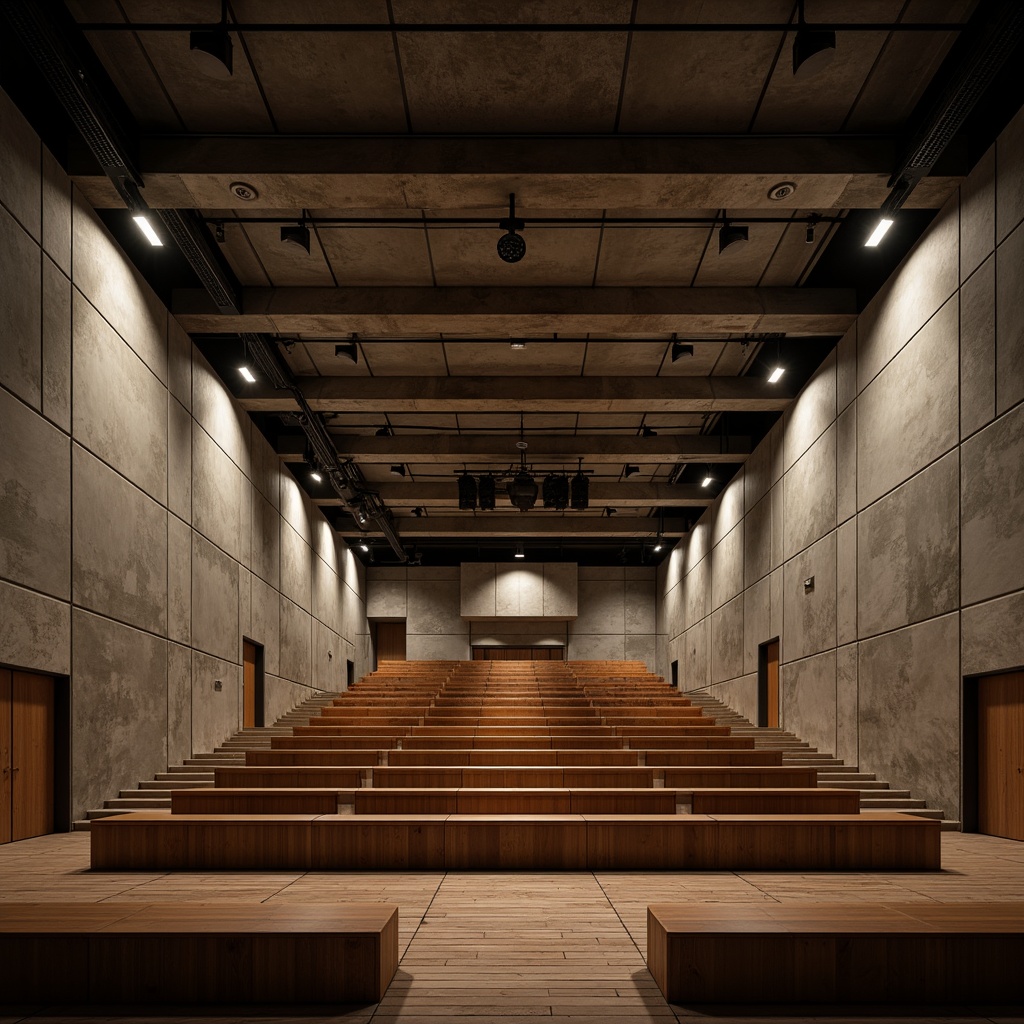 Prompt: Rugged auditorium interior, brutalist architecture, raw concrete walls, exposed ductwork, industrial steel beams, wooden benches, rowed seating arrangement, steeply pitched floors, dramatic spotlights, warm ambient lighting, cinematic atmosphere, minimalist decor, functional design, acoustic panels, sound-absorbing materials, tiered seating levels, central aisle, immersive viewing experience, 2/3 composition, high contrast ratio, realistic textures.