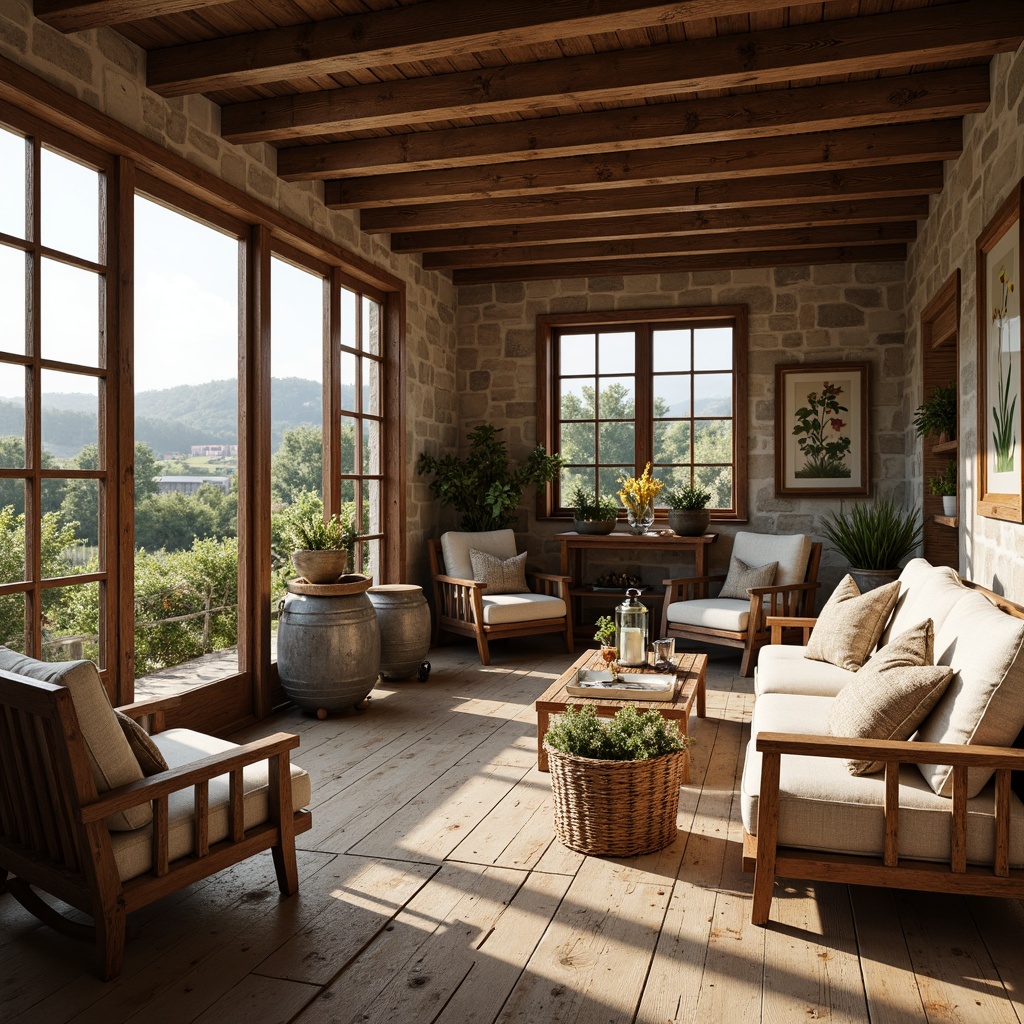 Prompt: Rustic farmhouse, vintage decor, distressed wood accents, natural stone walls, earthy color palette, soft warm lighting, cozy nooks, plush furnishings, woven textiles, antique furniture pieces, metal lanterns, galvanized tubs, botanical prints, wildflower arrangements, wooden beams, exposed brick, countryside views, rolling hills, sunny afternoon, shallow depth of field, 1/2 composition, realistic textures, ambient occlusion.