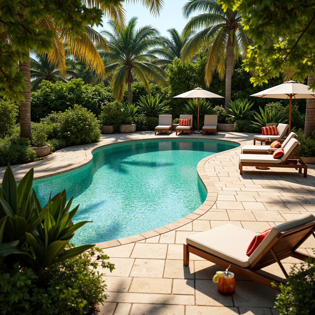 Prompt: Vibrant pool deck, turquoise water, lush greenery, tropical plants, sun-kissed stones, warm beige pavement, colorful outdoor furniture, striped umbrellas, refreshing cocktails, sunny day, soft warm lighting, shallow depth of field, 3/4 composition, panoramic view, realistic textures, ambient occlusion.