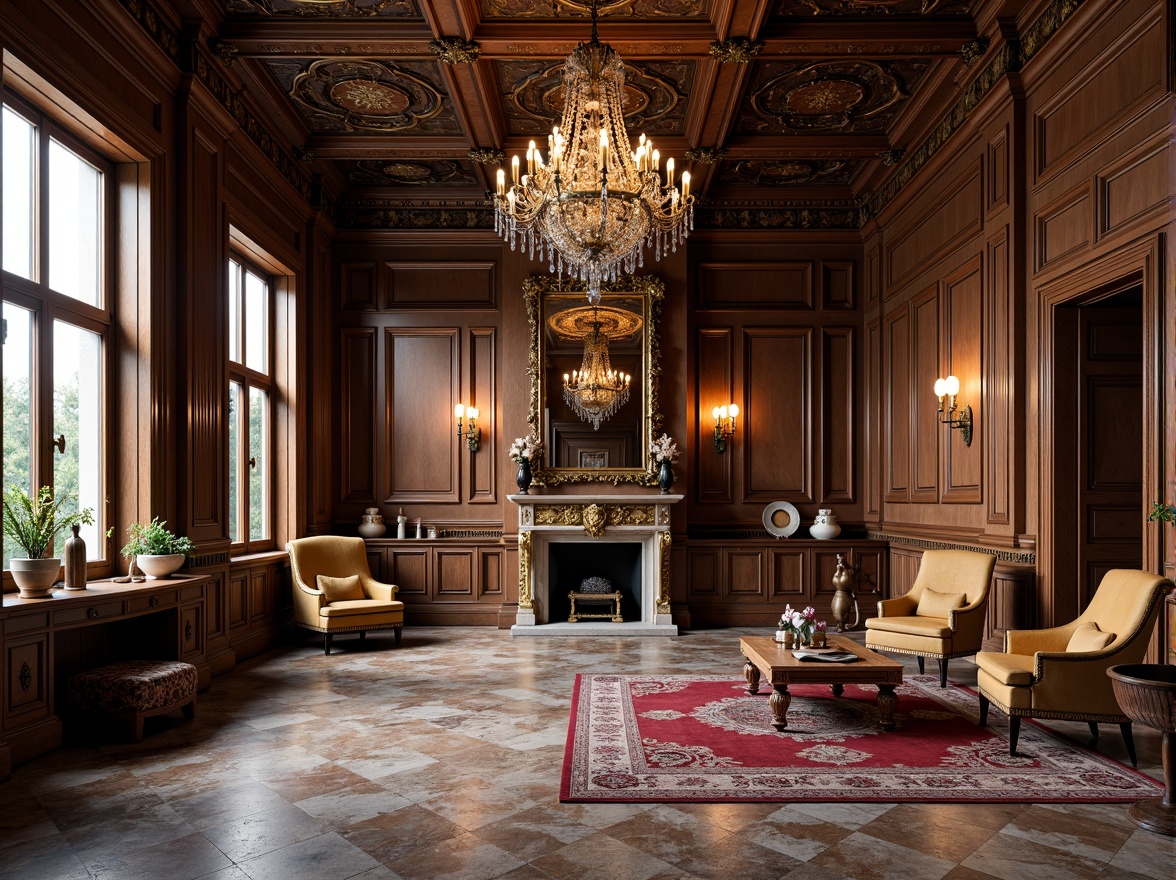 Prompt: Luxurious baroque interior, ornate furnishings, intricately carved wooden accents, grand chandelier, marble flooring, inlaid stone patterns, rich jewel-toned colors, velvety soft rugs, opulent fabrics, golden metallic accents, dramatic lighting, high-contrast shading, 1/1 composition, detailed textures, ambient occlusion.