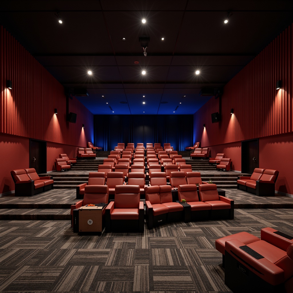 Prompt: Luxurious theater interior, contemporary style, sleek lines, minimal ornamentation, bold color scheme, innovative seating arrangement, ergonomic chairs, adjustable armrests, reclining functions, premium leather upholstery, metallic accents, dimmable LED lighting, stepped flooring, curved rows, immersive audio experience, surround sound speakers, cinematic atmosphere, intimate performance space, versatile stage design, dynamic projection mapping, rich wood tones, sophisticated ambiance.